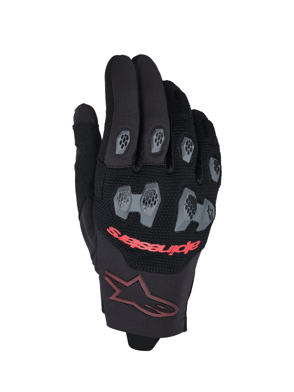 Guantes Alpinestars Pro-Dura 2026, guantes de motocross y enduro, color negro y rojo brillante, con protectores de TPR gris en nudillos y dedos con patrón hexagonal, dorso de malla transpirable, texto Alpinestars en rojo y logotipo de estrella granate en el puño
