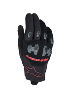 Guantes Alpinestars Pro-Dura 2026, guantes de motocross y enduro, color negro y rojo brillante, con protectores de TPR gris en nudillos y dedos con patrón hexagonal, dorso de malla transpirable, texto Alpinestars en rojo y logotipo de estrella granate en el puño
