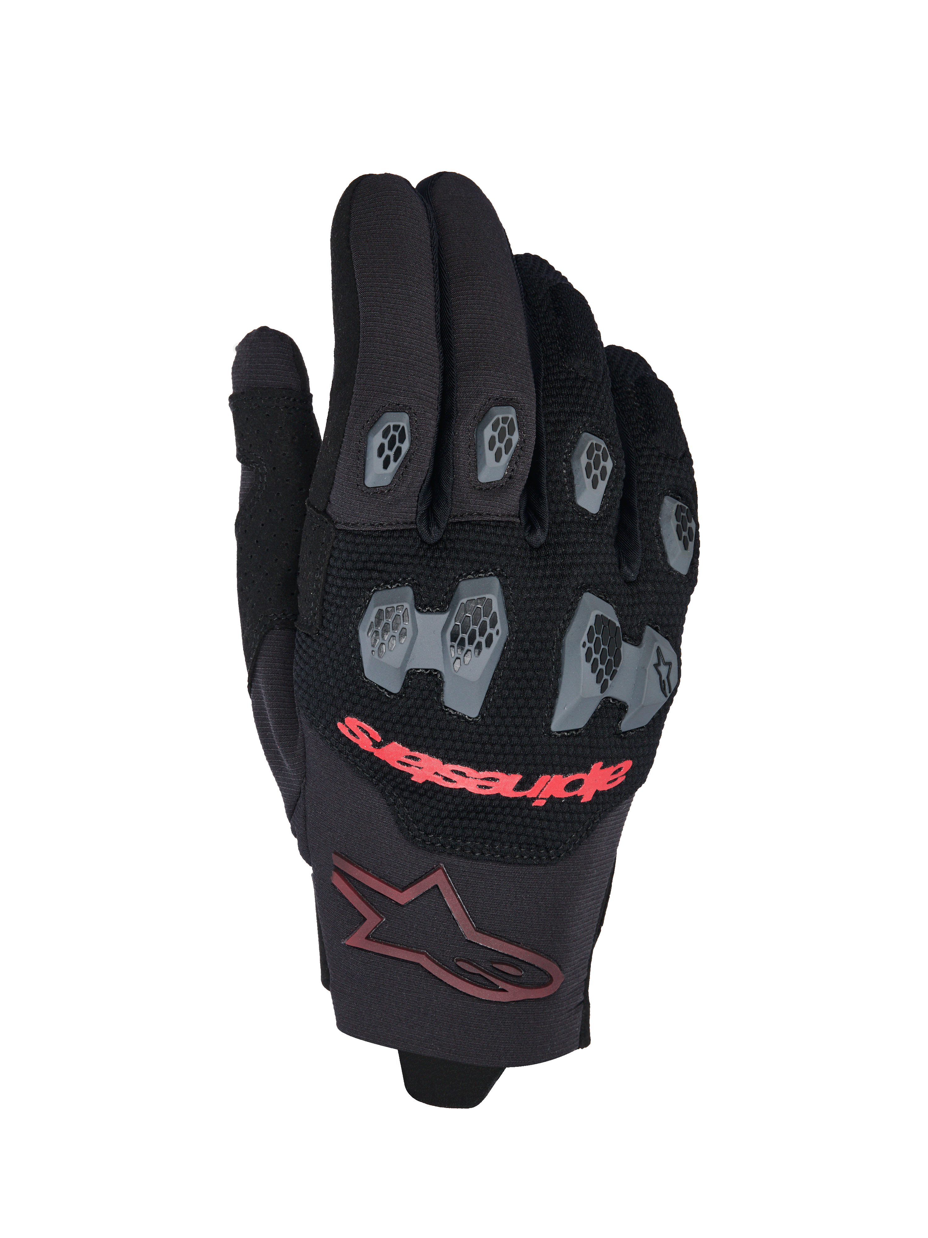 Alpinestars 2026 Pro-Dura Gloves, Motocross and Enduro Gloves, Black and Bright Red, featuring gray TPR knuckle and finger guards with a hexagonal pattern, breathable mesh backhand, red Alpinestars text, and a maroon star logo on the cuff