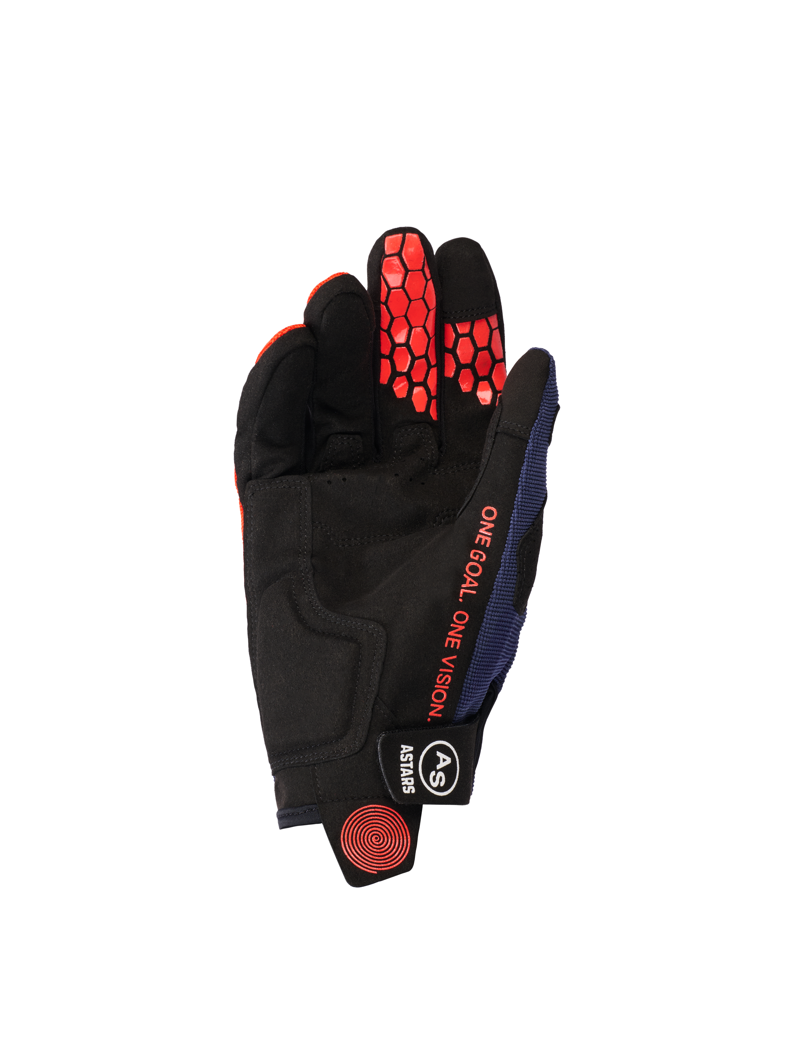 Alpinestars 2026 Pro-Dura Gloves, palm side view, Navy Hot Orange and White, black synthetic suede palm with orange hexagonal silicone grip on fingers, orange 'ONE GOAL. ONE VISION.' text, and black wrist closure with white branding.