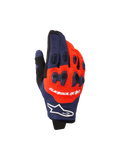 Alpinestars 2026 Pro-Dura Gloves, Motocross and Enduro Gloves, Navy Blue and Hot Orange with White accents, featuring two-piece TPR knuckle protection, Alpinestars branding on the backhand, and flexible multi-panel construction