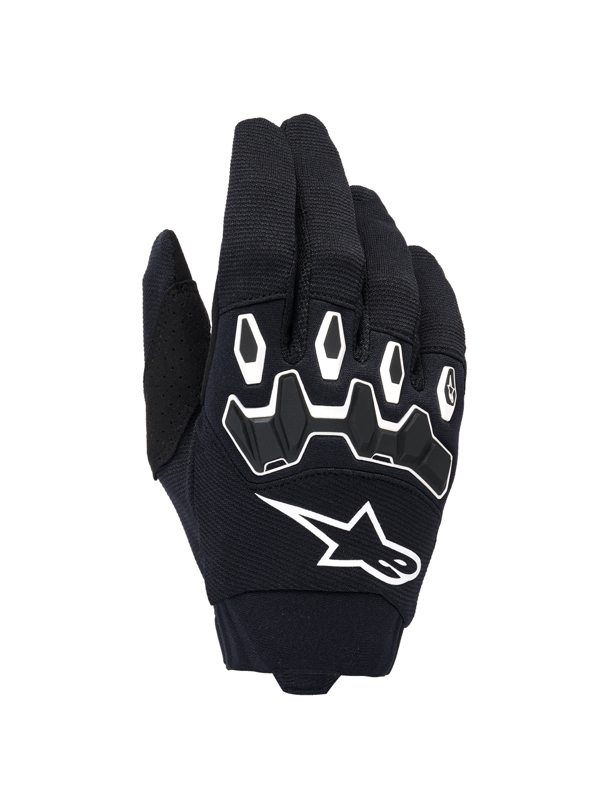 Guantes Alpinestars Full Bore V2, guantes de motocross, negro y blanco, vista del dorso que muestra la protección ergonómica de TPR en los nudillos con formas hexagonales, logotipo blanco de Alpinestars, confección en tejido elástico transpirable, equipamiento duradero para carreras off-road