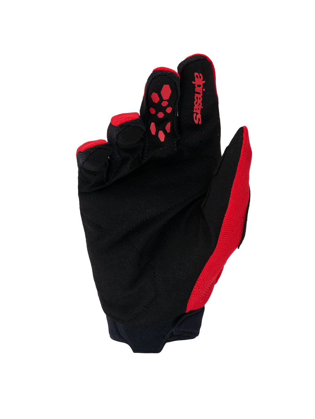 Guantes Alpinestars Full Bore V2, guantes de motocross, color rojo brillante y negro, vista de la palma con ante sintético negro reforzado, agarre de silicona roja en el dedo índice, logotipo de Alpinestars y puño de neopreno