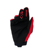 Guantes Alpinestars Full Bore V2, guantes de motocross, color rojo brillante y negro, vista de la palma con ante sintético negro reforzado, agarre de silicona roja en el dedo índice, logotipo de Alpinestars y puño de neopreno