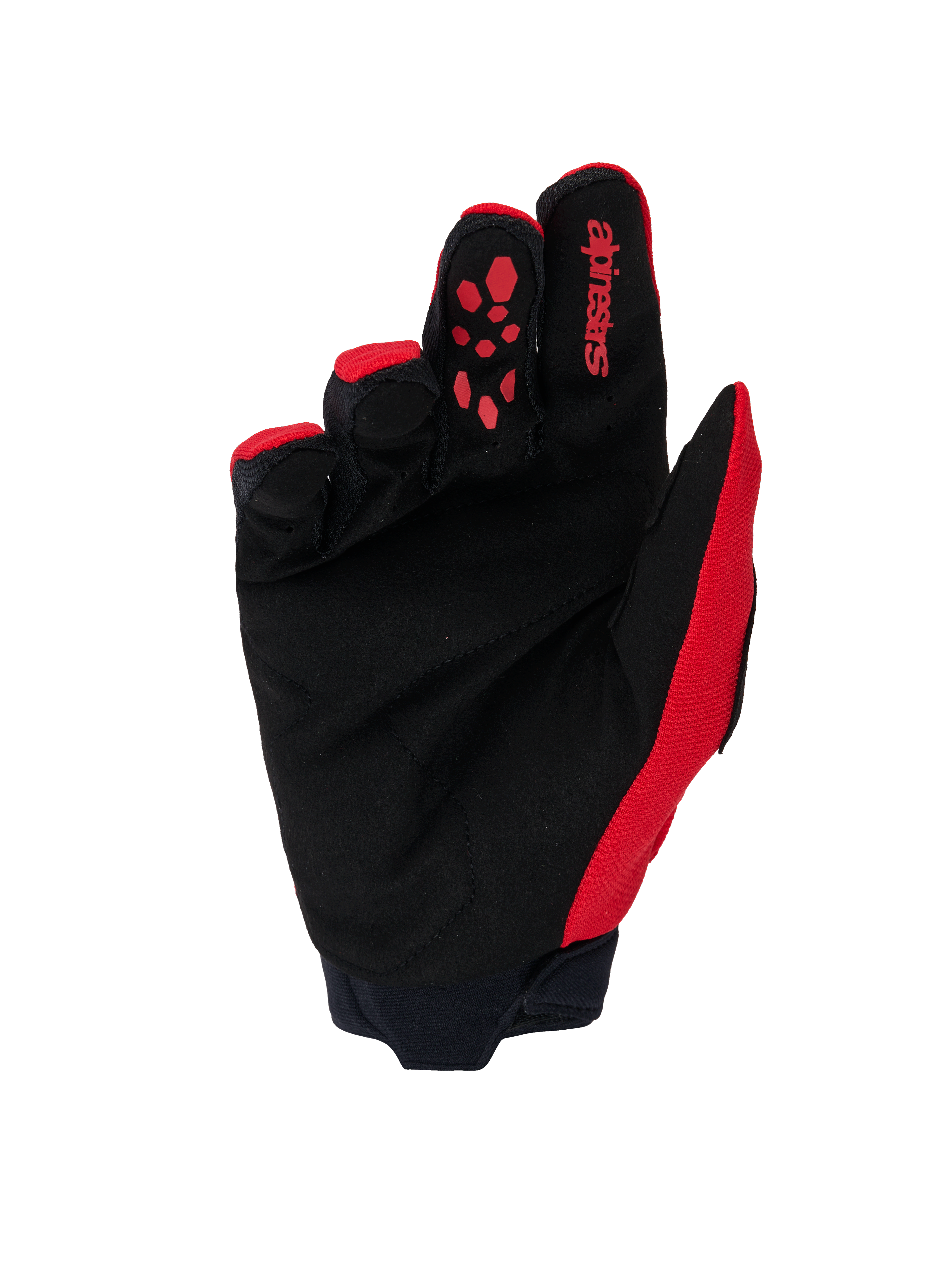 Guantes Alpinestars Full Bore V2, guantes de motocross, color rojo brillante y negro, vista de la palma con ante sintético negro reforzado, agarre de silicona roja en el dedo índice, logotipo de Alpinestars y puño de neopreno