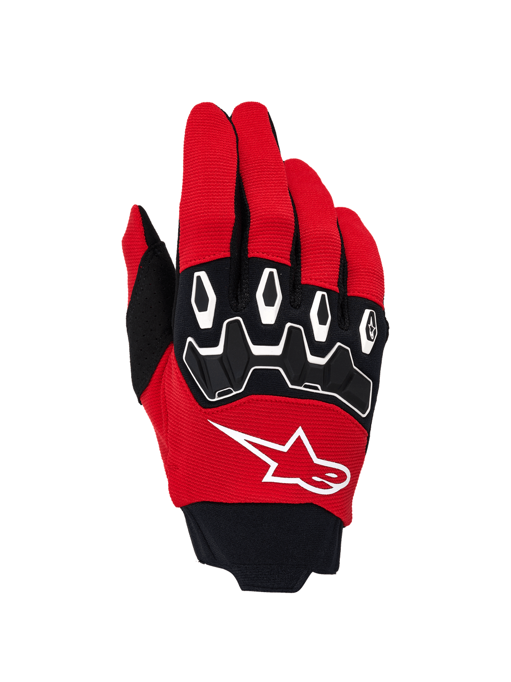 Guantes Alpinestars Full Bore V2, guantes de motocross, rojos y negros, con logotipo de estrella blanca en el dorso, protectores de nudillos de TPR ergonómicos con detalles blancos y tejido elástico transpirable para rendimiento off-road