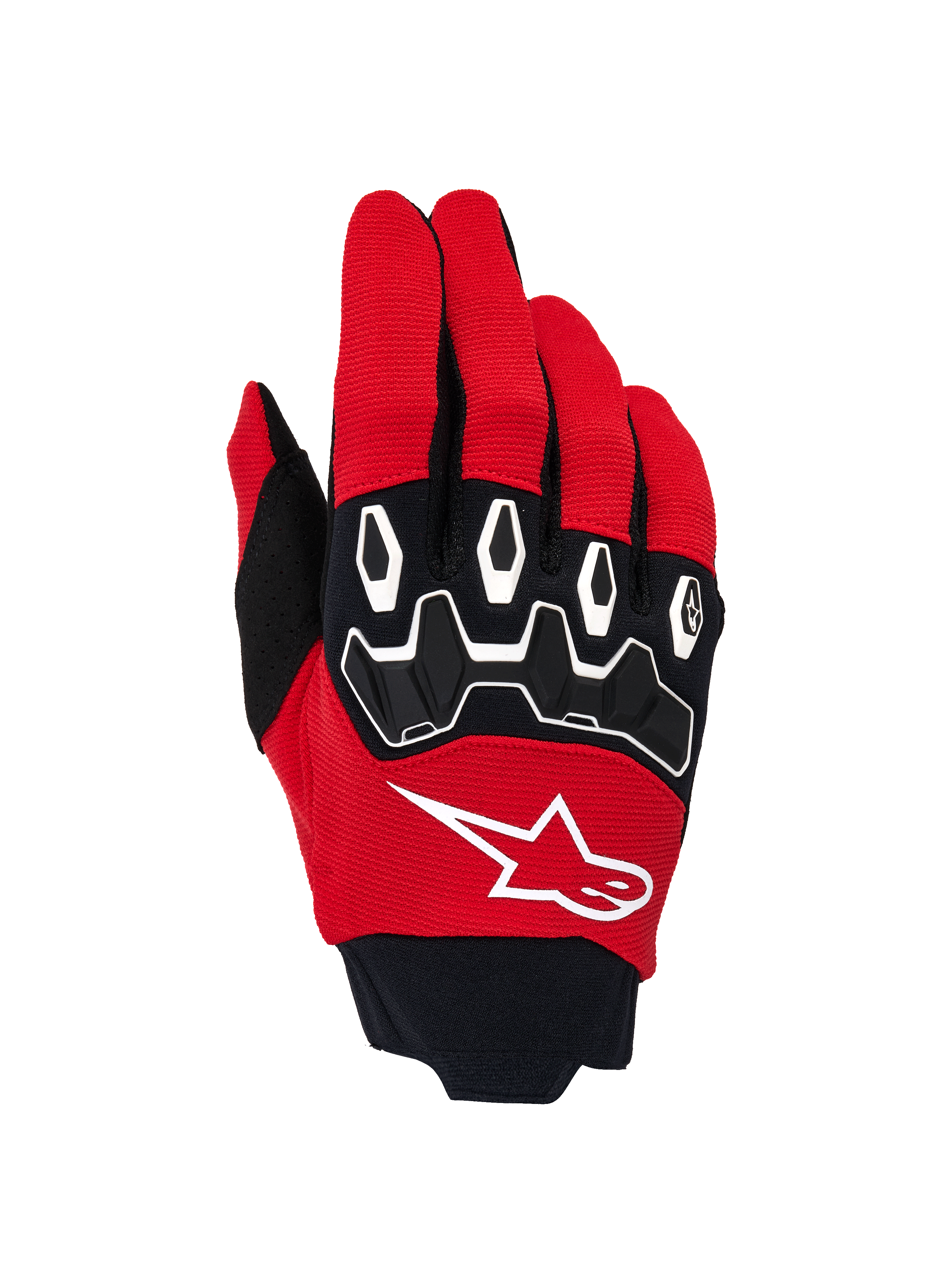 Guantes Alpinestars Full Bore V2, guantes de motocross, rojos y negros, con logotipo de estrella blanca en el dorso, protectores de nudillos de TPR ergonómicos con detalles blancos y tejido elástico transpirable para rendimiento off-road