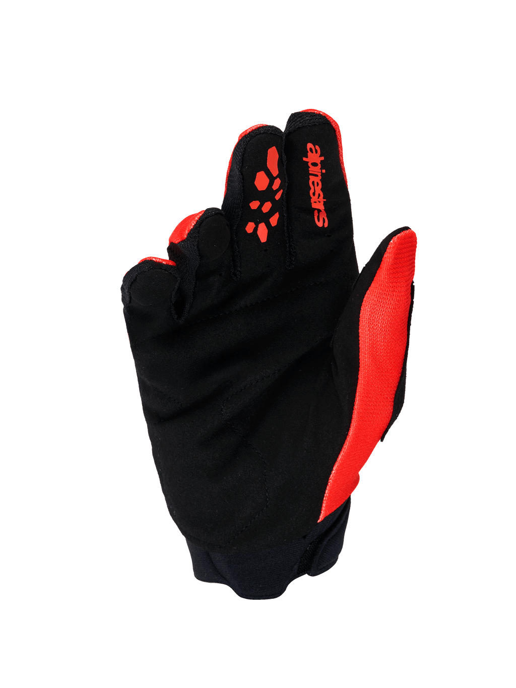 Guantes Alpinestars Full Bore V2, guantes de motocross, naranja y negro, vista de la palma que muestra el ante sintético reforzado, agarres de silicona naranja en los dedos, logotipo rojo de Alpinestars en el dedo índice y puño de neopreno.