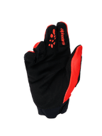 Guantes Alpinestars Full Bore V2, guantes de motocross, naranja y negro, vista de la palma que muestra el ante sintético reforzado, agarres de silicona naranja en los dedos, logotipo rojo de Alpinestars en el dedo índice y puño de neopreno.
