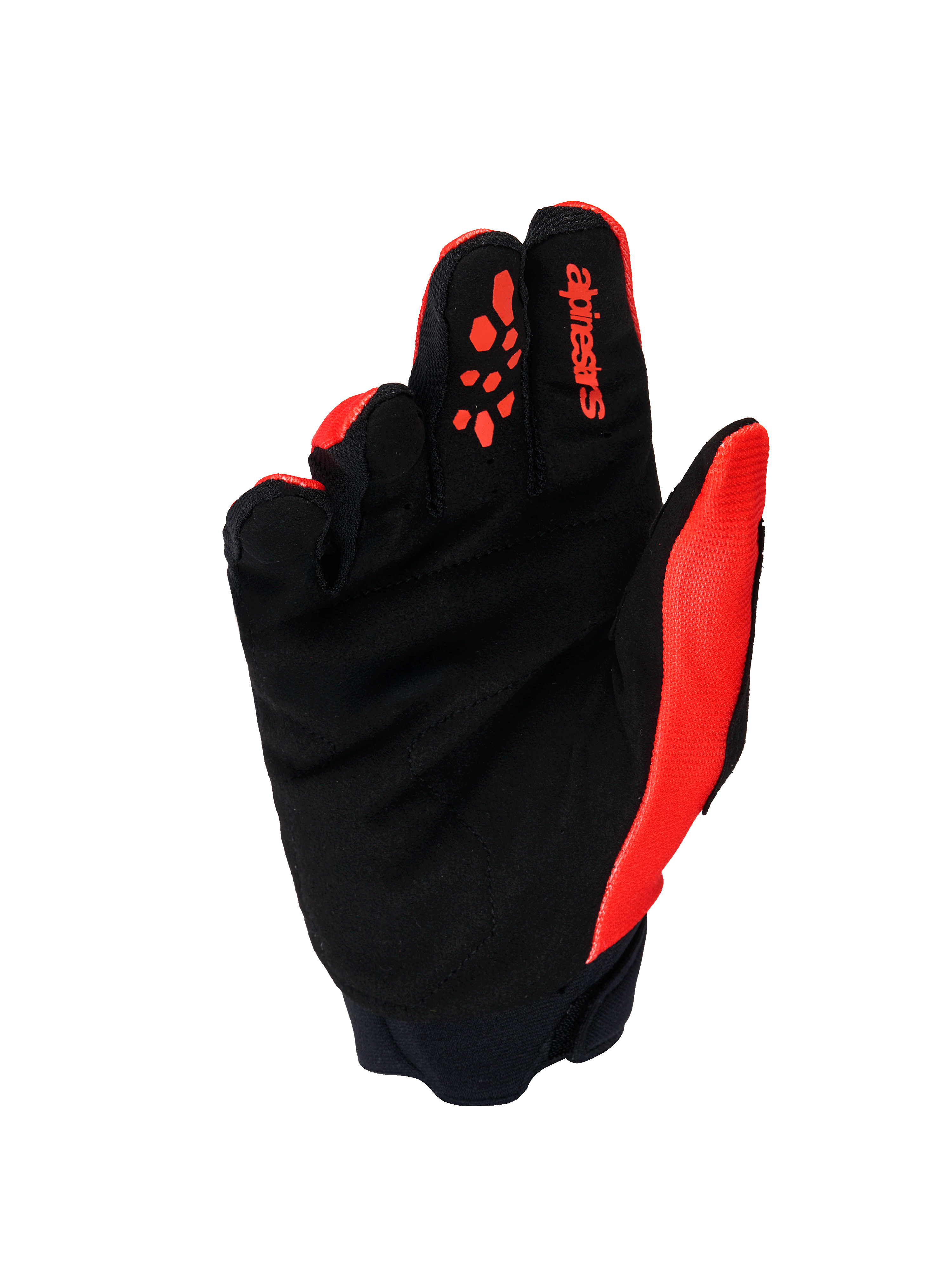 Guantes Alpinestars Full Bore V2, guantes de motocross, naranja y negro, vista de la palma que muestra el ante sintético reforzado, agarres de silicona naranja en los dedos, logotipo rojo de Alpinestars en el dedo índice y puño de neopreno.
