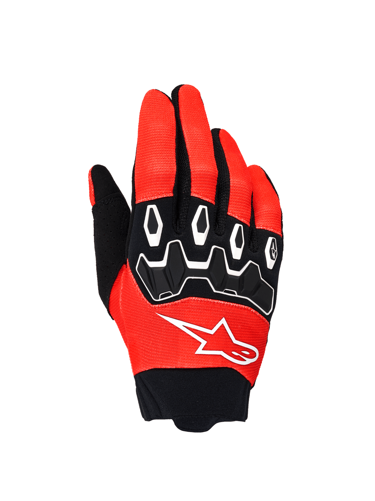 Guantes Alpinestars Full Bore V2, guantes de motocross, naranja y negro, vista del dorso que muestra la protección de nudillos en TPR negro con contornos blancos, logotipo de Alpinestars en blanco sobre tejido elástico transpirable, diseñados para rendimiento off-road.
