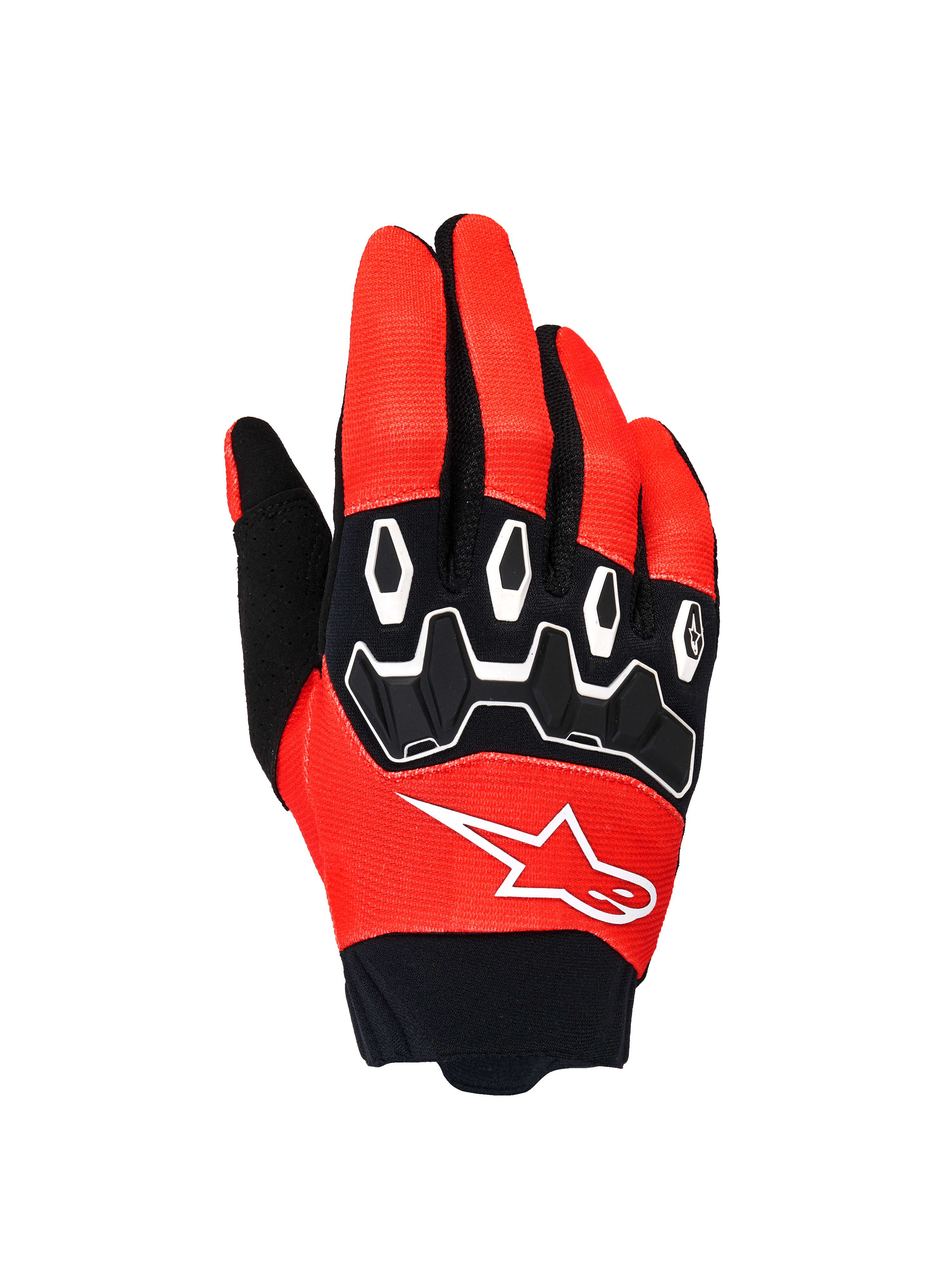 Guantes Alpinestars Full Bore V2, guantes de motocross, naranja y negro, vista del dorso que muestra la protección de nudillos en TPR negro con contornos blancos, logotipo de Alpinestars en blanco sobre tejido elástico transpirable, diseñados para rendimiento off-road.