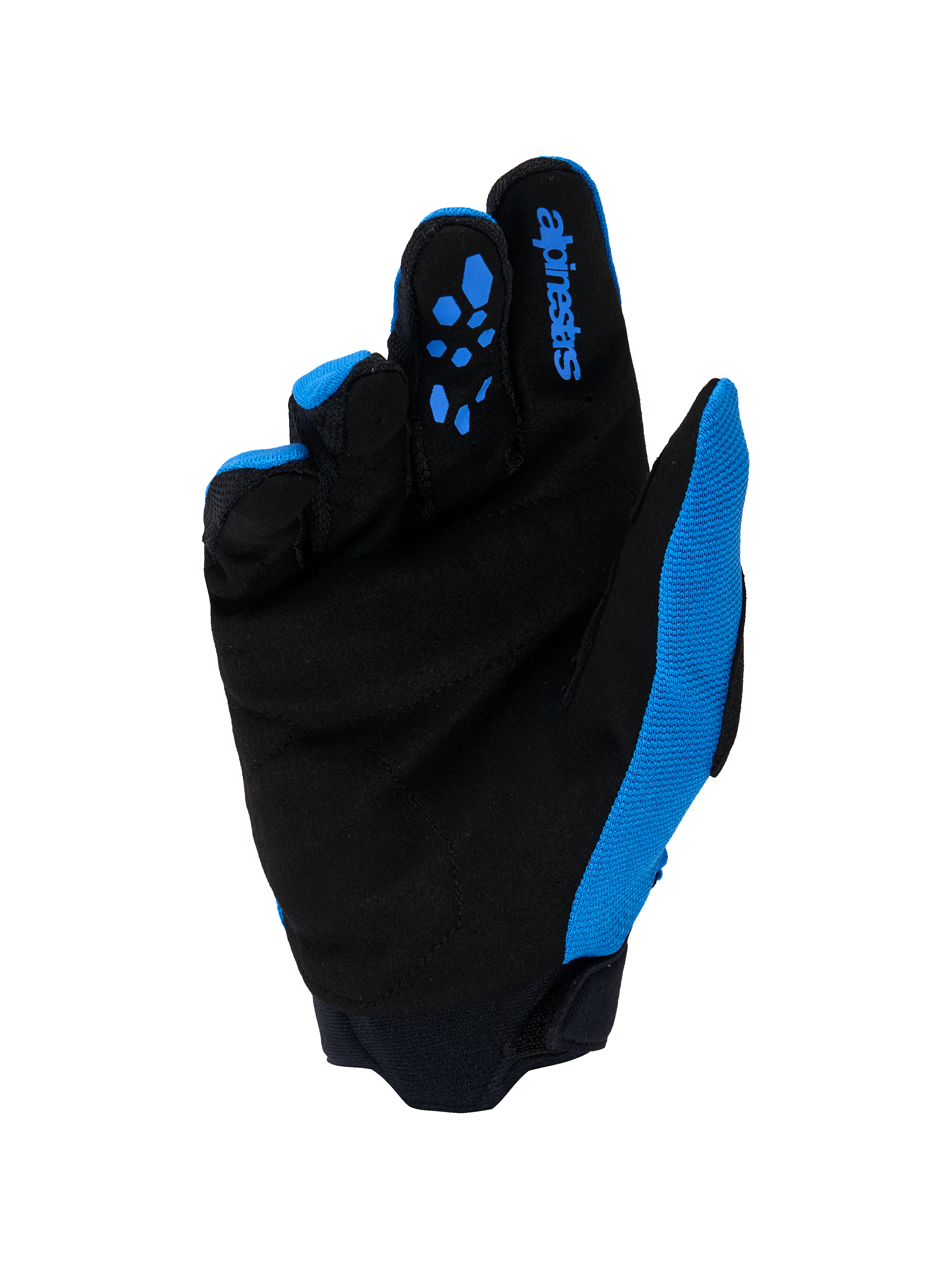 Guantes Alpinestars Full Bore V2, guantes de motocross, azul Ucla y negro, vista de la palma con ante sintético reforzado, patrones de agarre de silicona azul en los dedos, logotipo de Alpinestars y puño de neopreno duradero