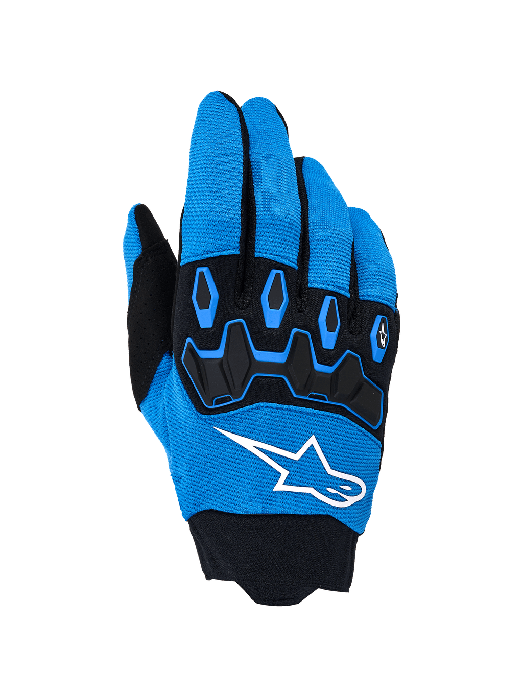 Alpinestars Full Bore V2 Gloves, guantes para motocross, azul UCLA y negro, con un llamativo logotipo blanco y protección de nudillos de TPR negra sobre un dorso de tejido elástico transpirable, diseñados para carreras off-road de alto rendimiento