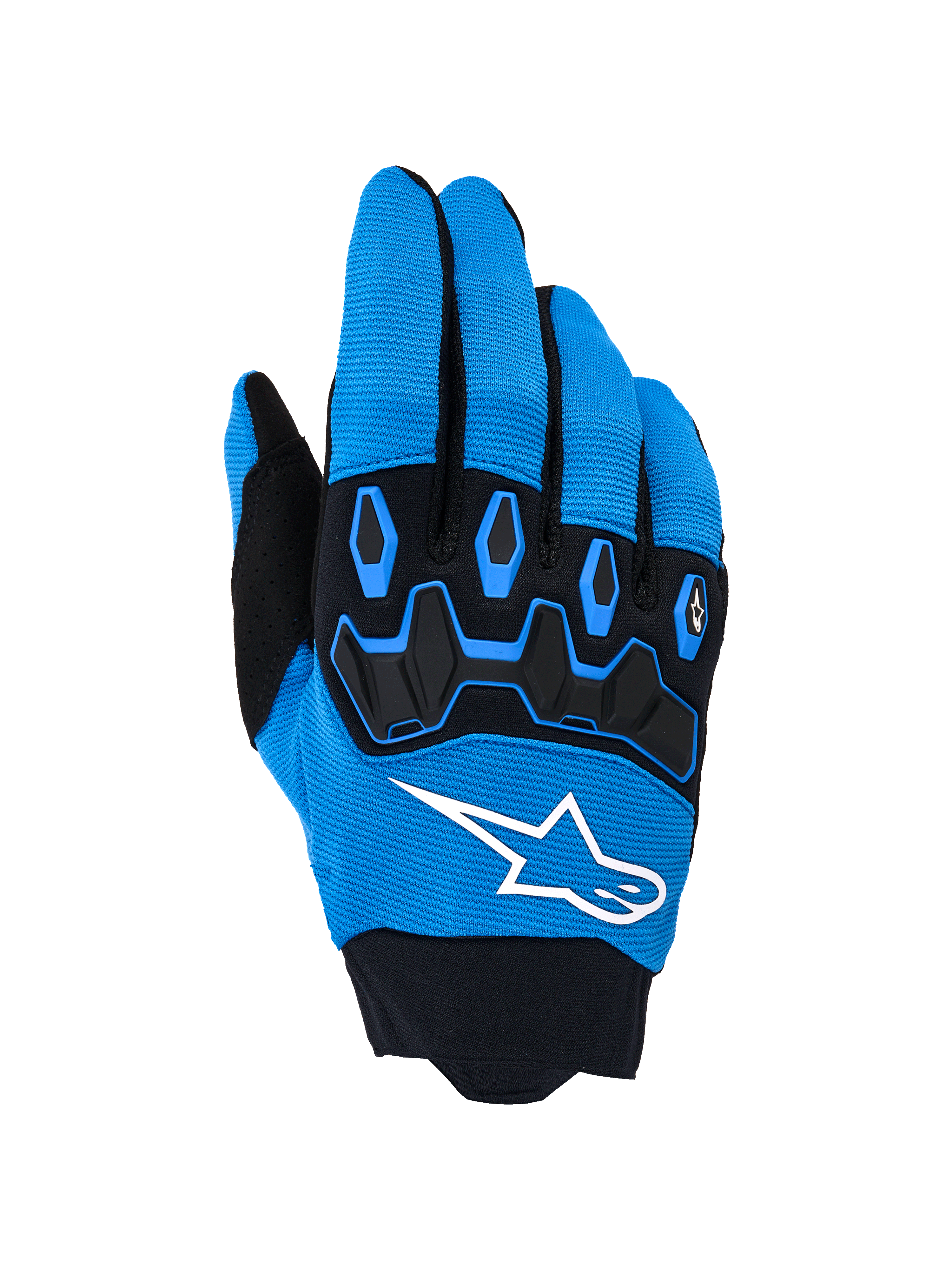Alpinestars Full Bore V2 Gloves, guantes para motocross, azul UCLA y negro, con un llamativo logotipo blanco y protección de nudillos de TPR negra sobre un dorso de tejido elástico transpirable, diseñados para carreras off-road de alto rendimiento