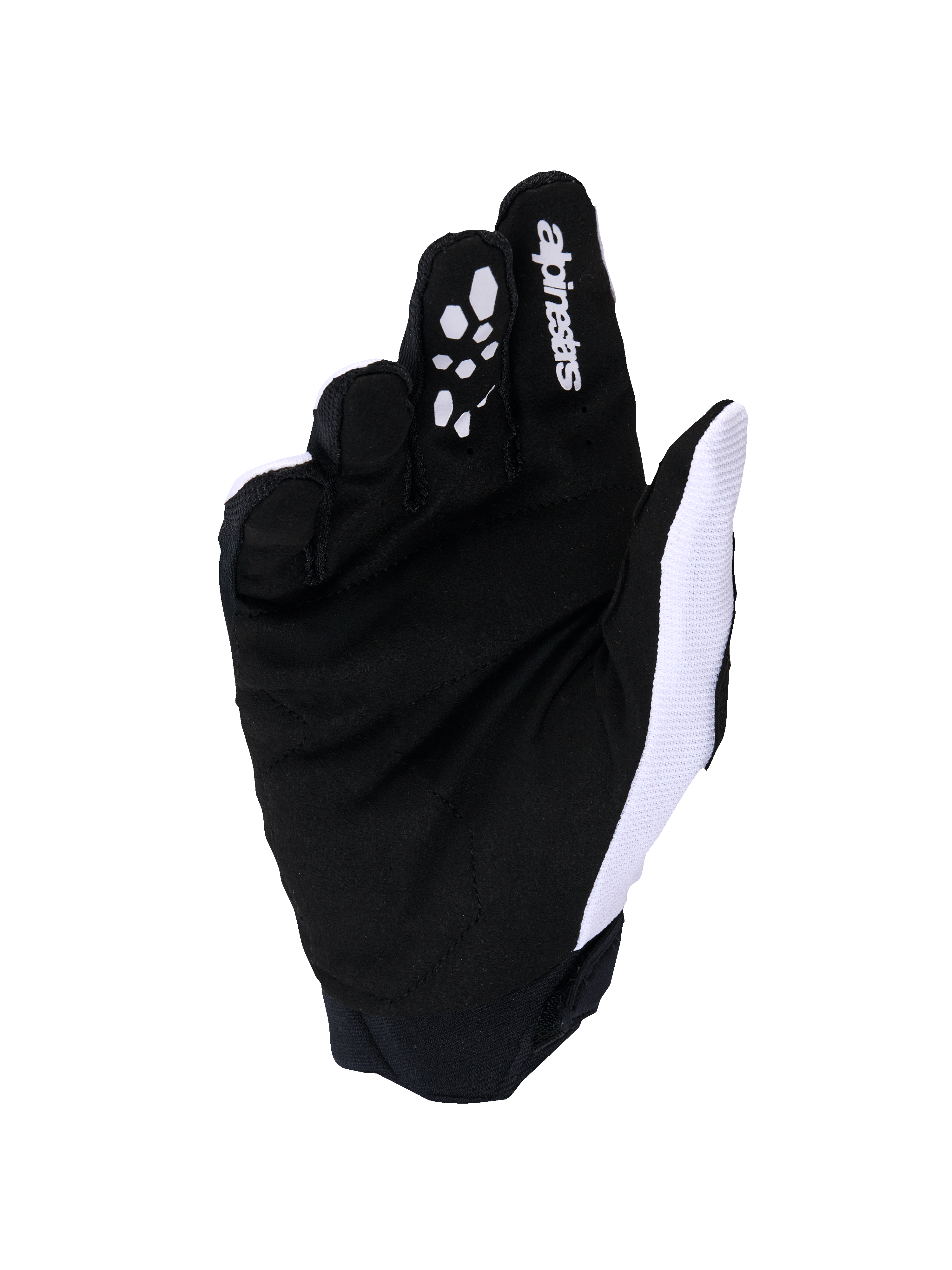 Guantes Alpinestars Full Bore V2, guantes de motocross, gris claro y negro, vista de la palma con ante sintético reforzado y agarre de silicona en los dedos, malla transpirable blanca en el lateral del pulgar y logotipo de Alpinestars en el dedo índice.