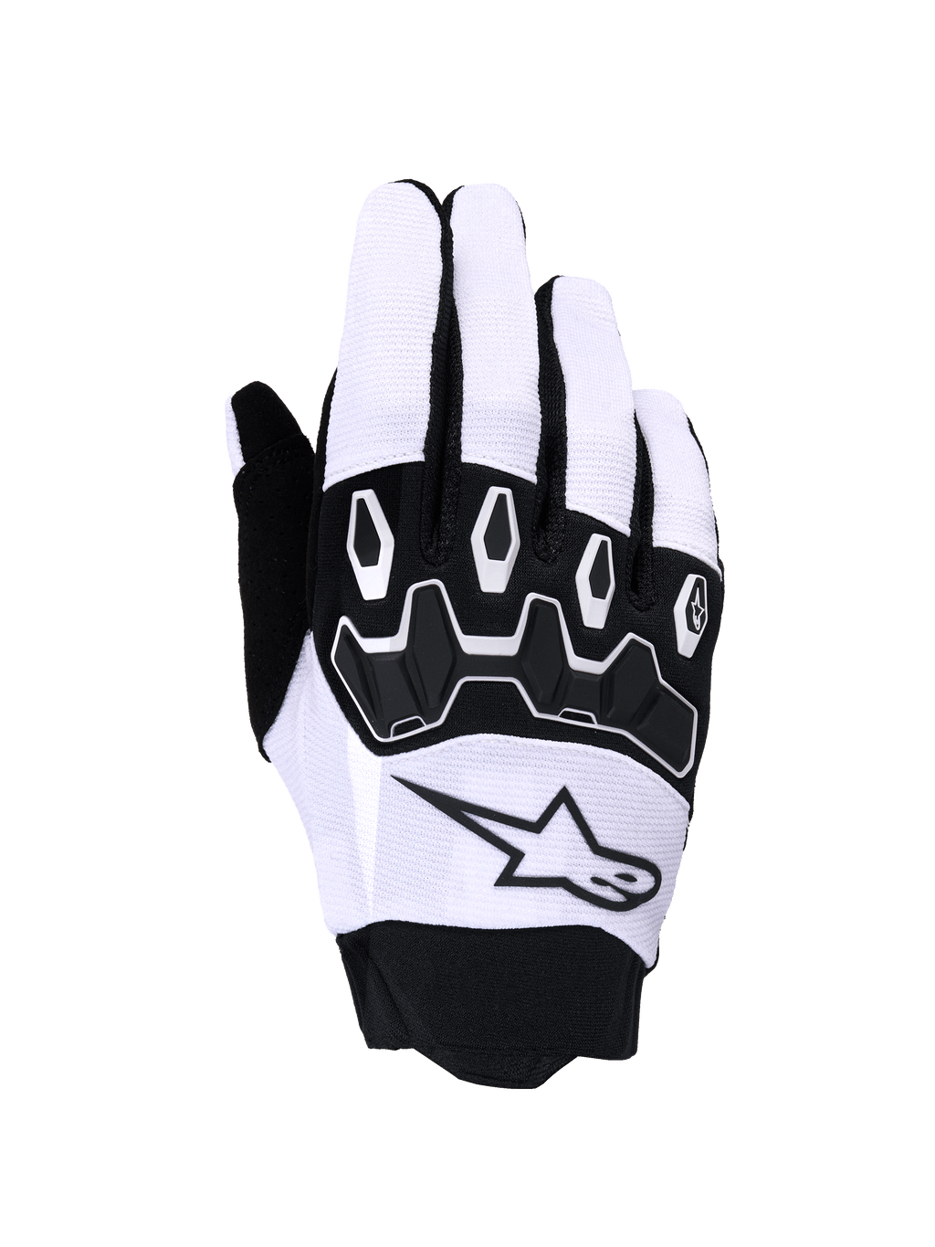 Alpinestars Full Bore V2 Gloves, guantes de motocross, gris claro y negro, con protección de nudillos de TPR segmentada negra, parte superior de tejido transpirable con logo de estrella y puño de neopreno, diseñados para rendimiento todoterreno