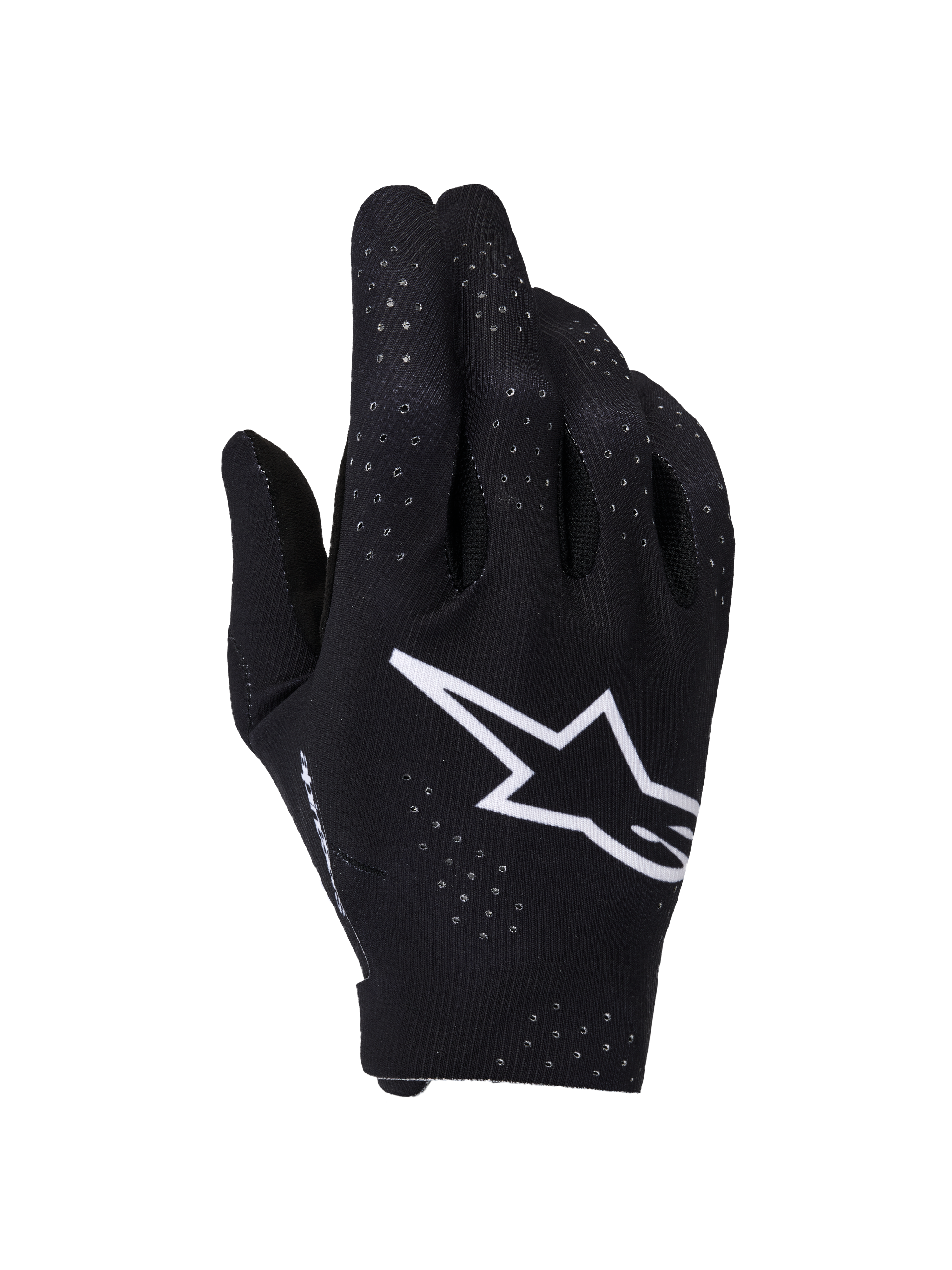 Guantes Alpinestars Supertech MX, guantes de motocross, negros y blancos, vista del dorso con un gran logotipo Astars blanco, perforaciones láser para ventilación y un diseño ergonómico sin costuras para carreras off-road
