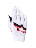 Guantes Alpinestars Supertech MX, guantes de motocross, blancos con detalles en negro y rojo fuego, vista del dorso con un llamativo logotipo de Astar, amplias perforaciones láser para ventilación y construcción elástica sin costuras para competición profesional