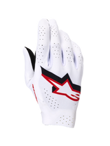 Guantes Alpinestars Supertech MX, guantes de motocross, blancos con detalles en negro y rojo fuego, vista del dorso con un llamativo logotipo de Astar, amplias perforaciones láser para ventilación y construcción elástica sin costuras para competición profesional