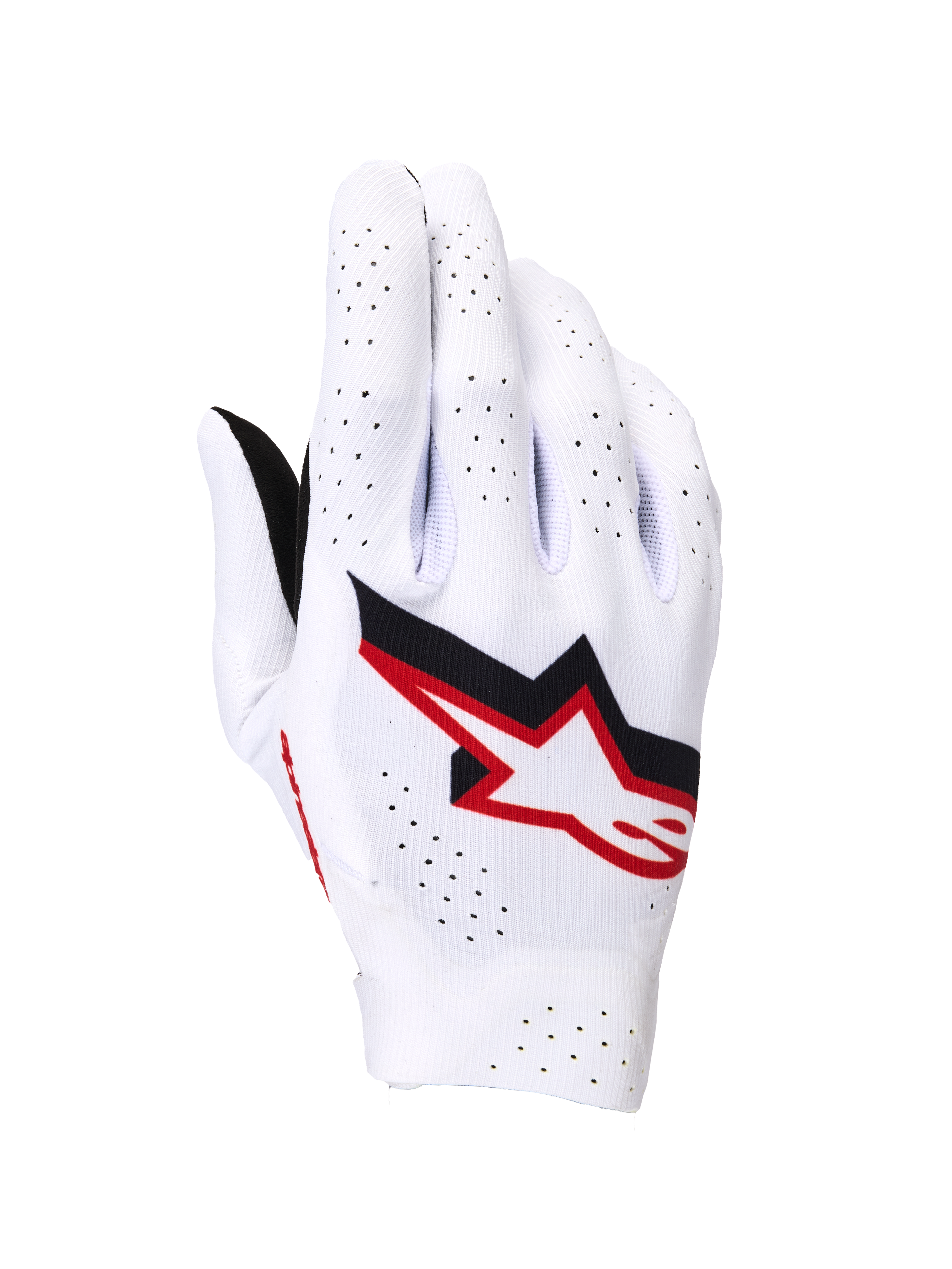 Guantes Alpinestars Supertech MX, guantes de motocross, blancos con detalles en negro y rojo fuego, vista del dorso con un llamativo logotipo de Astar, amplias perforaciones láser para ventilación y construcción elástica sin costuras para competición profesional