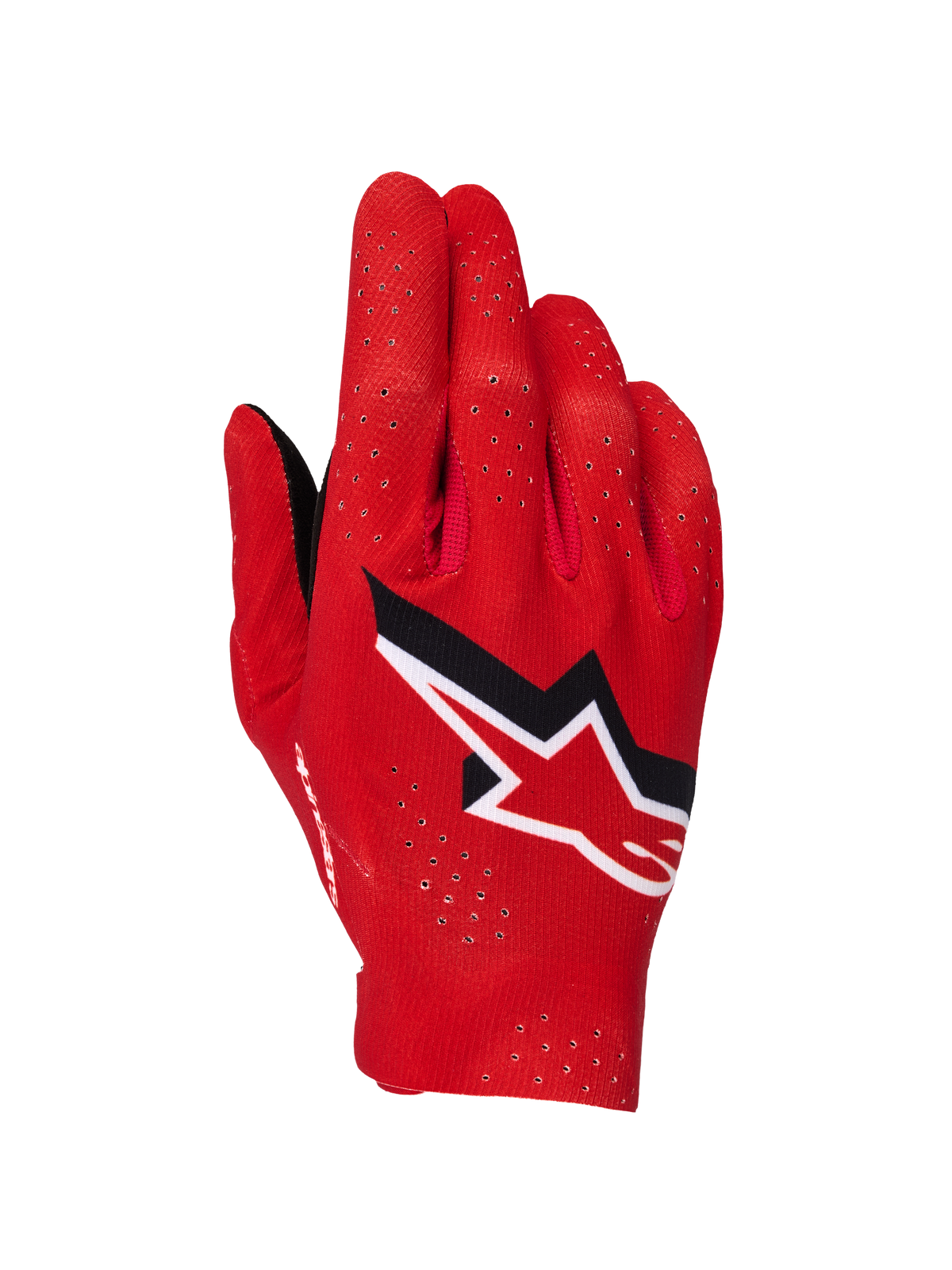 Guantes Alpinestars Supertech MX, guantes de motocross, rojo fuego, negro y blanco, vista del dorso con perforaciones láser para ventilación, logotipo destacado de la estrella de Alpinestars en blanco y negro, diseño de tejido elástico ligero para carreras off-road