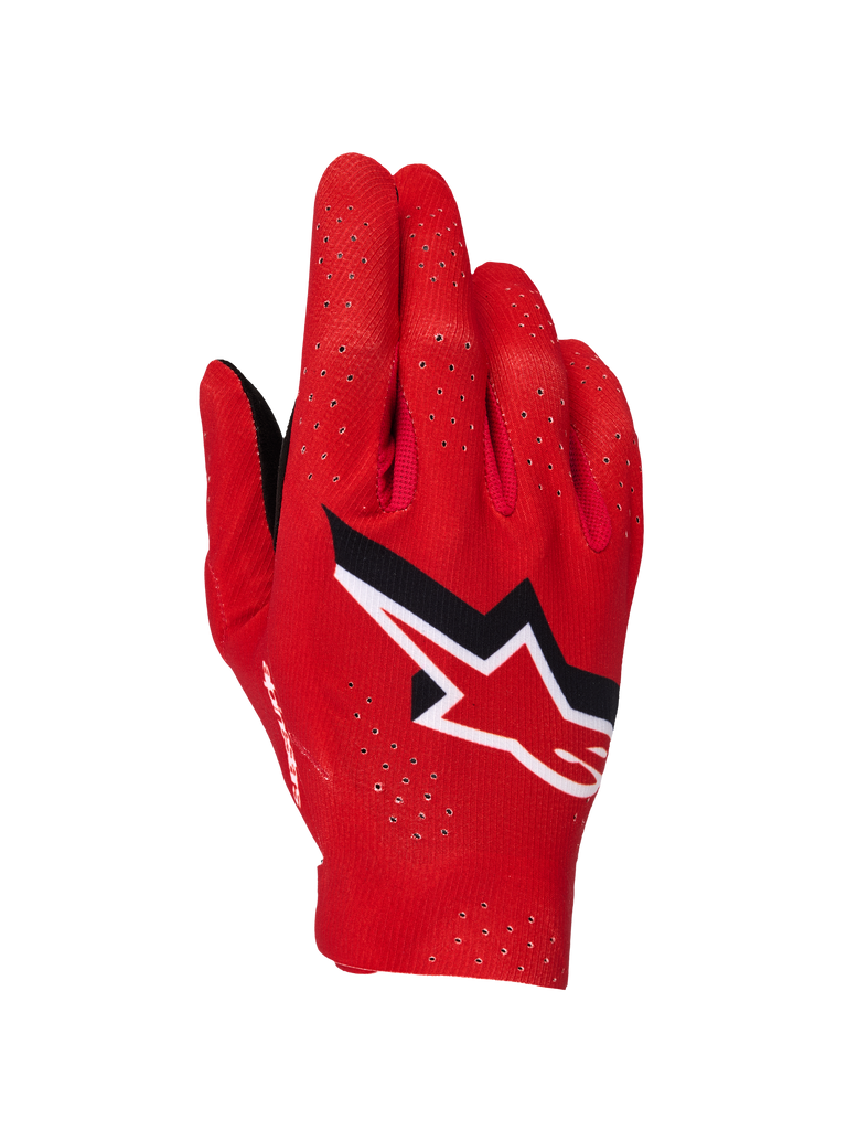 Guantes Alpinestars Supertech MX, guantes de motocross, rojo fuego, negro y blanco, vista del dorso con perforaciones láser para ventilación, logotipo destacado de la estrella de Alpinestars en blanco y negro, diseño de tejido elástico ligero para carreras off-road