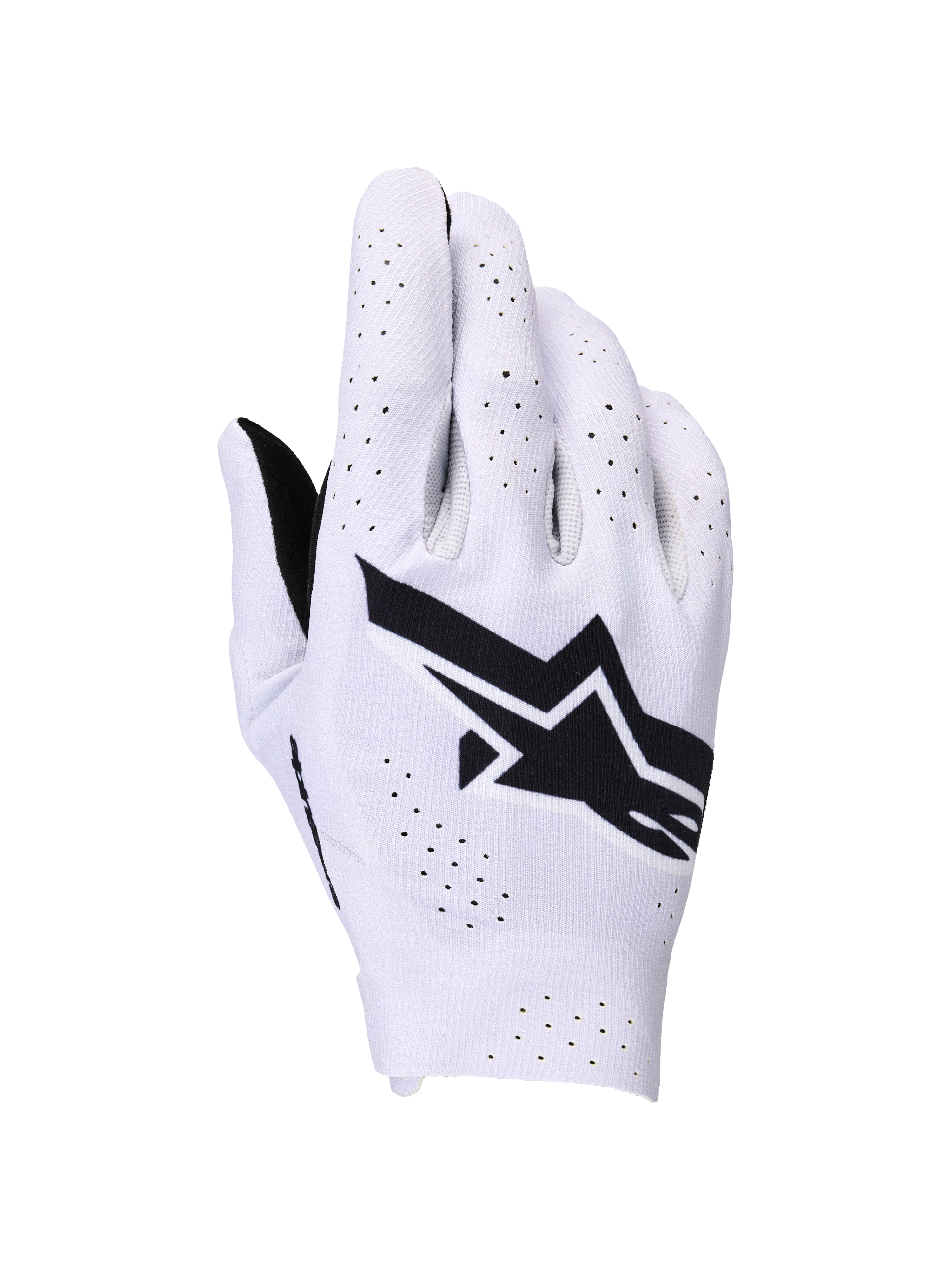 Guantes Alpinestars Supertech MX, guantes de motocross, lila claro y negro, vista del dorso mostrando un gran logo de Alpinestars en negro y perforaciones por láser para el flujo de aire, construcción elástica ligera de una sola capa para competición off-road
