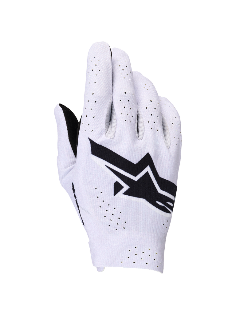 Guantes Alpinestars Supertech MX, guantes de motocross, lila claro y negro, vista del dorso mostrando un gran logo de Alpinestars en negro y perforaciones por láser para el flujo de aire, construcción elástica ligera de una sola capa para competición off-road