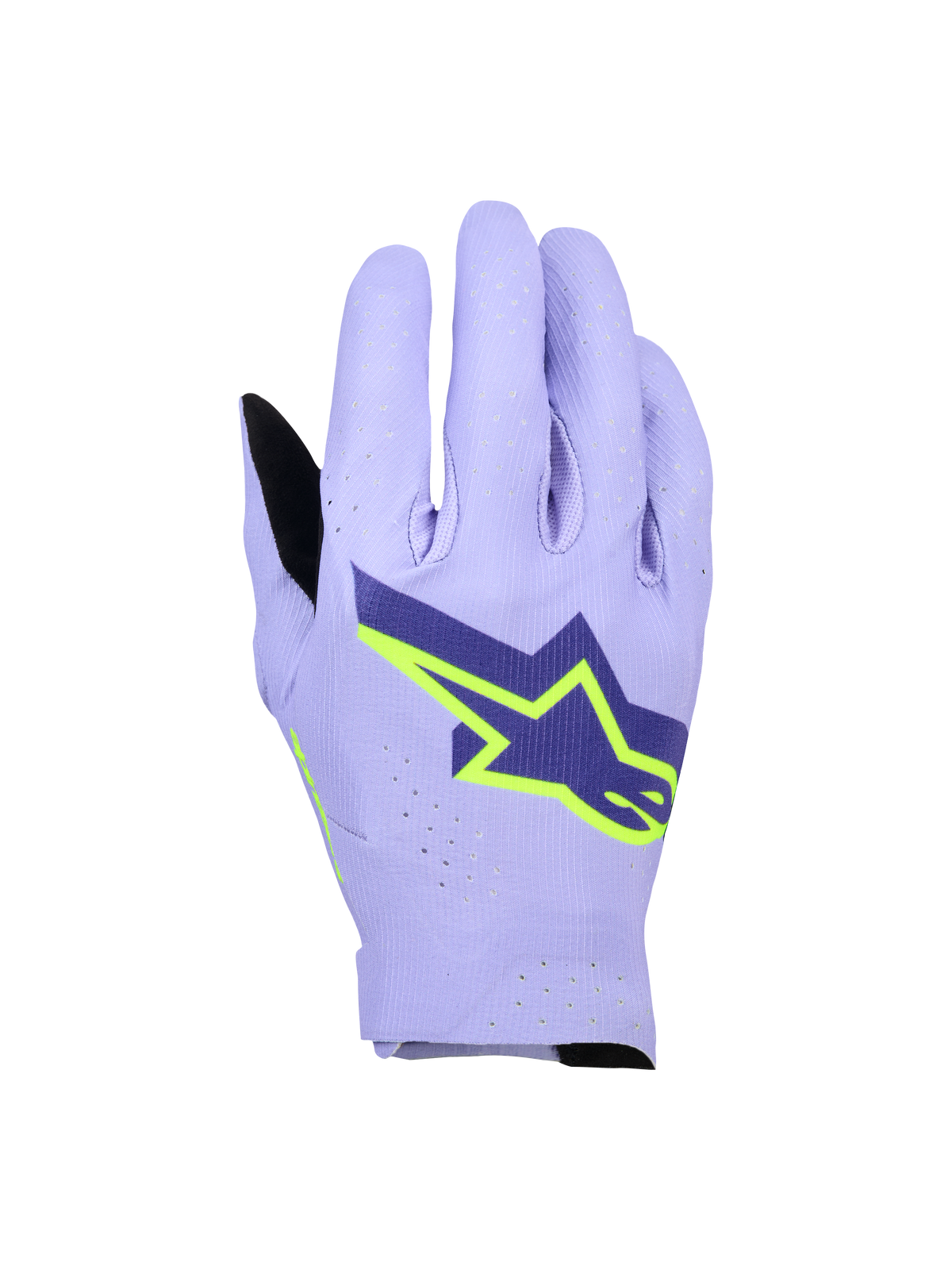 Guantes Alpinestars Supertech MX, guantes de motocross, color morado lavanda y amarillo flúor, con un gran logotipo de estrella en azul marino y amarillo neón, dorso perforado por láser para transpirabilidad, diseño elástico ligero de una sola capa para competición off-road