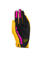 Alpinestars Supertech MX Gloves, Motocross Gloves, Gold Black and Fluo Pink, palm view featuring a single-layer perforated palm with pink silicone finger grips and Alpinestars logo, lightweight racing gear