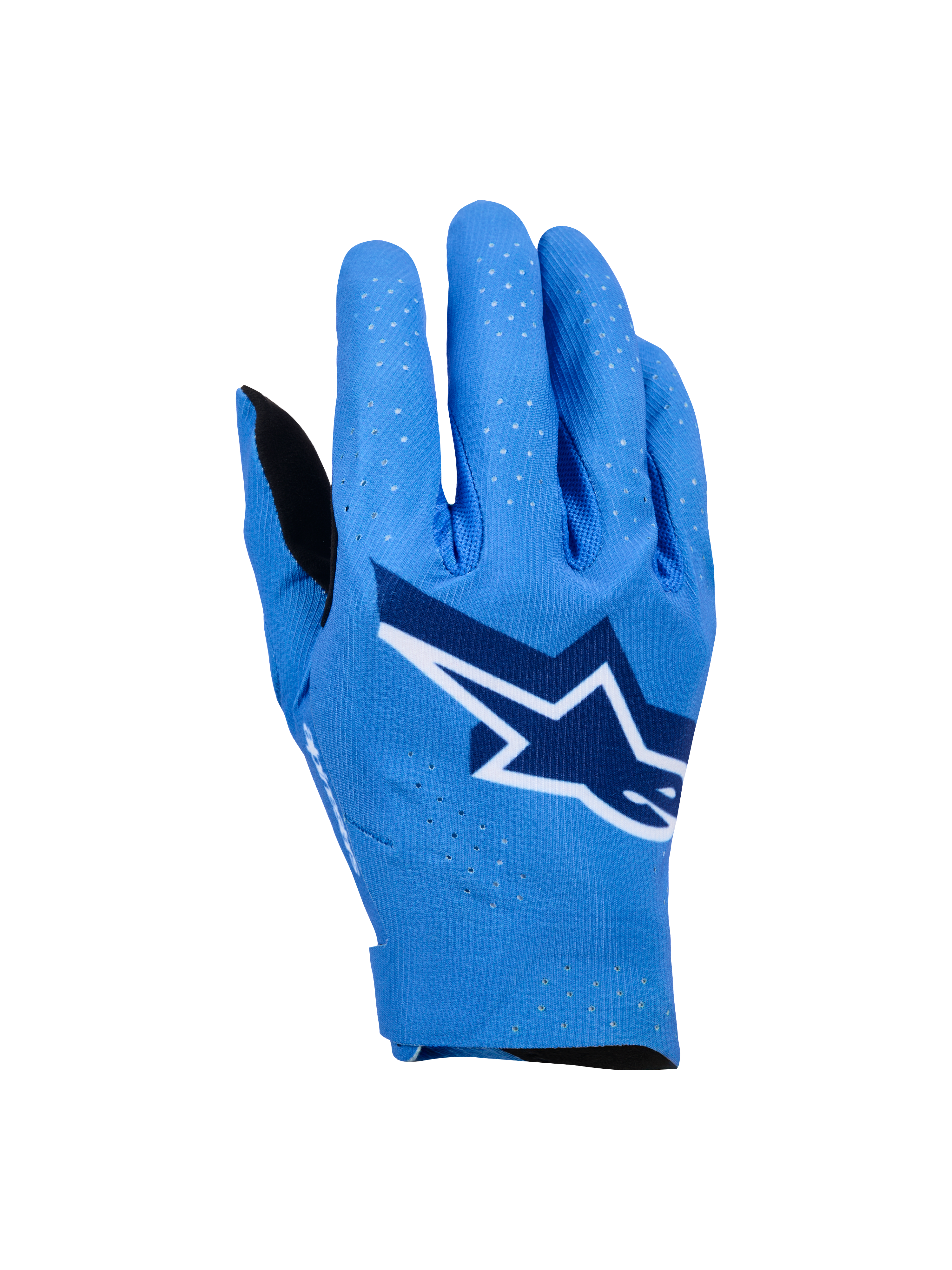 Alpinestars Supertech MX Gloves, Motocross Racing Gloves, Ucla Blue with Deep Blue and White accents, featuring a large star logo on the backhand, laser perforations for breathability, and a seamless ergonomic design for off-road riding.