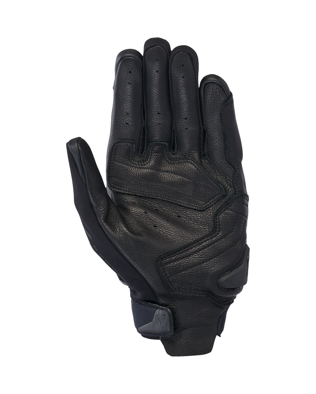 Guantes Alpinestars SP X 7, guantes cortos de moto, color negro, vista de la palma con cuero perforado para ventilación, refuerzos en la palma con deslizador y correa de muñeca compacta con lengüeta de tiro integrada