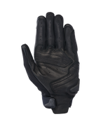 Guantes Alpinestars SP X 7, guantes cortos de moto, color negro, vista de la palma con cuero perforado para ventilación, refuerzos en la palma con deslizador y correa de muñeca compacta con lengüeta de tiro integrada