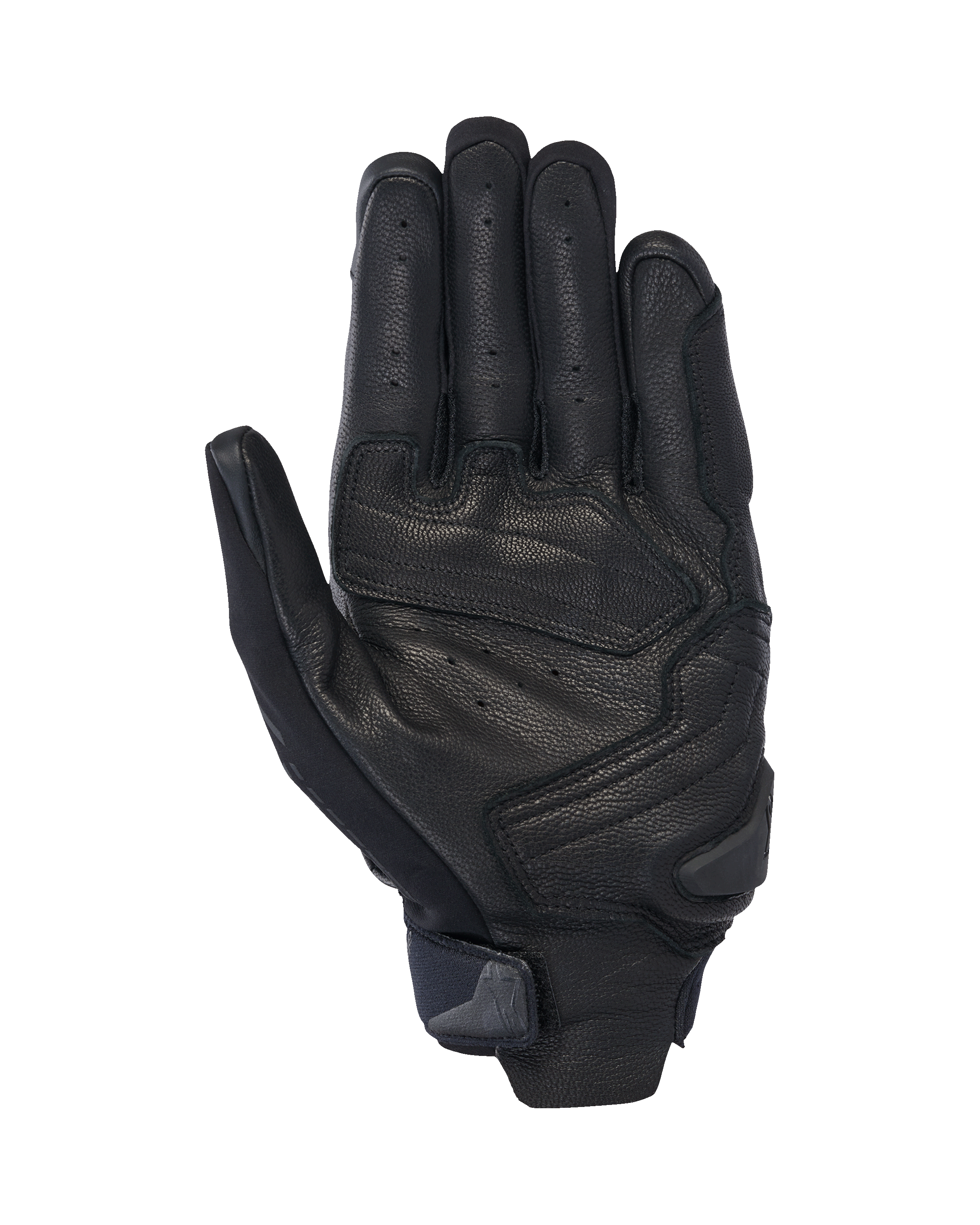 Guantes Alpinestars SP X 7, guantes cortos de moto, color negro, vista de la palma con cuero perforado para ventilación, refuerzos en la palma con deslizador y correa de muñeca compacta con lengüeta de tiro integrada
