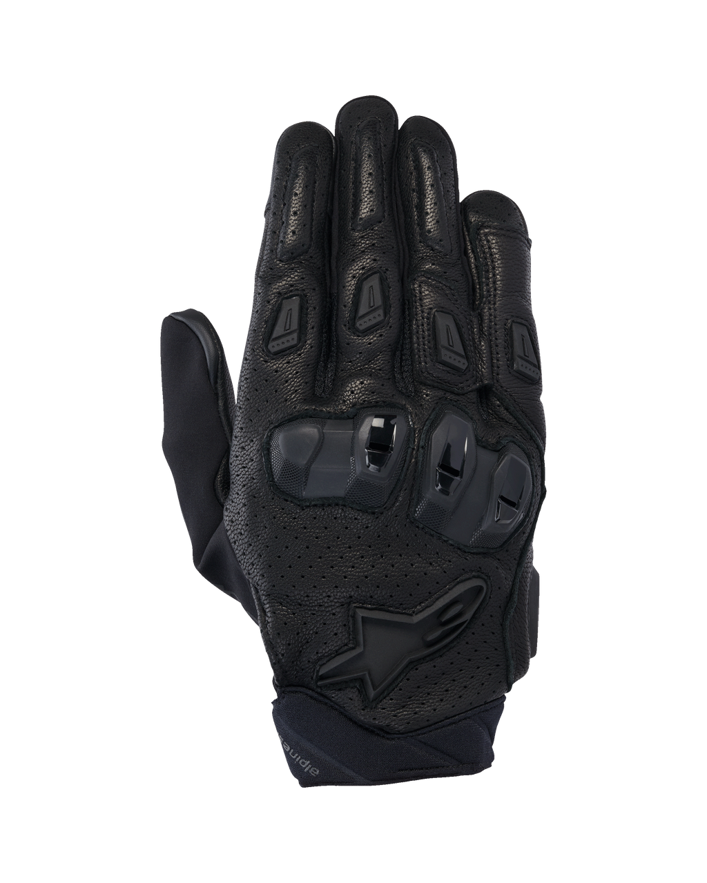 Guantes Alpinestars SP X 7, guantes de moto de caña corta para carretera, color negro, con cuero perforado para ventilación, protección de nudillos de TPU de doble densidad, logotipo de la estrella de Alpinestars en la muñeca y deslizadores ergonómicos en los dedos