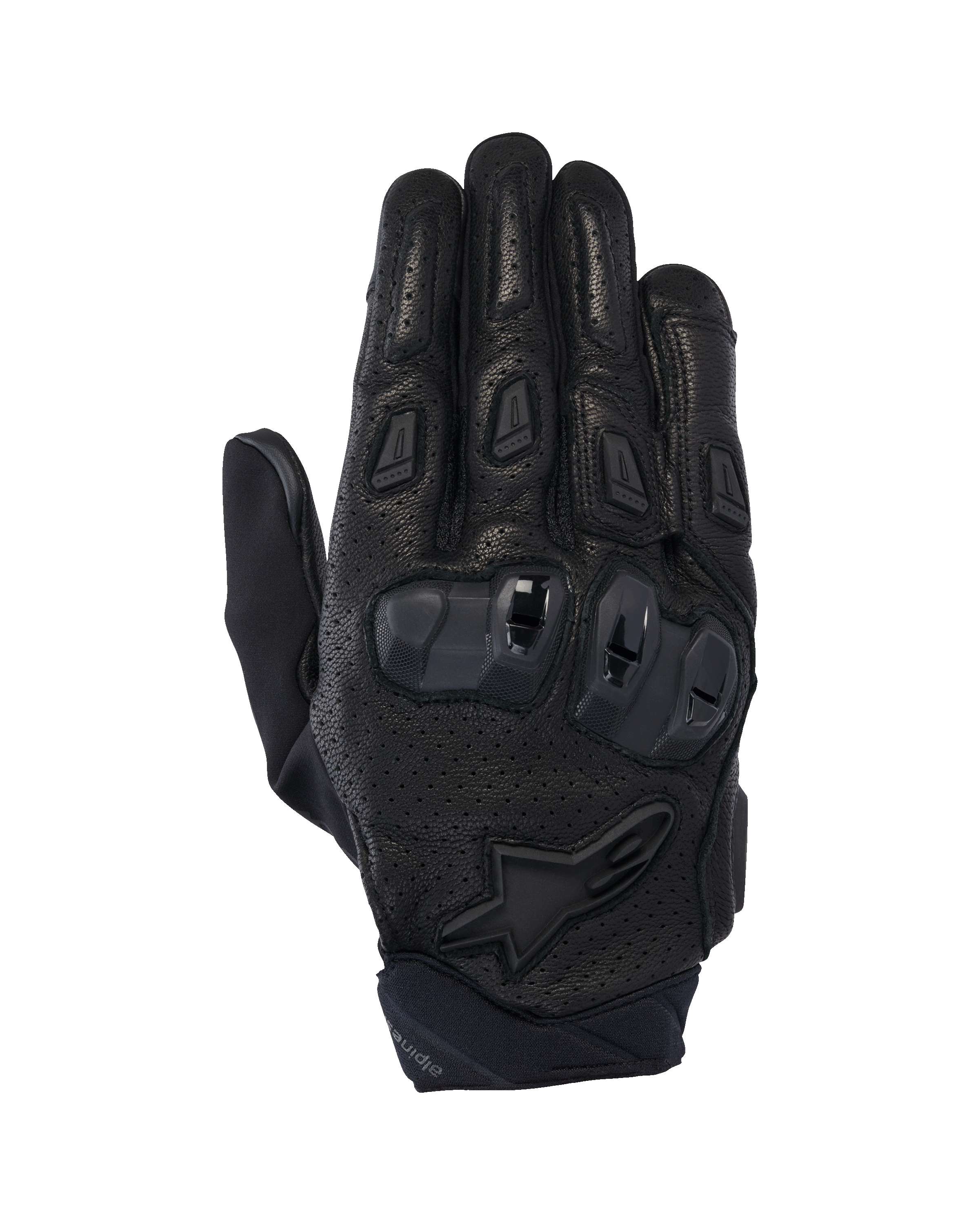 Guantes Alpinestars SP X 7, guantes de moto de caña corta para carretera, color negro, con cuero perforado para ventilación, protección de nudillos de TPU de doble densidad, logotipo de la estrella de Alpinestars en la muñeca y deslizadores ergonómicos en los dedos