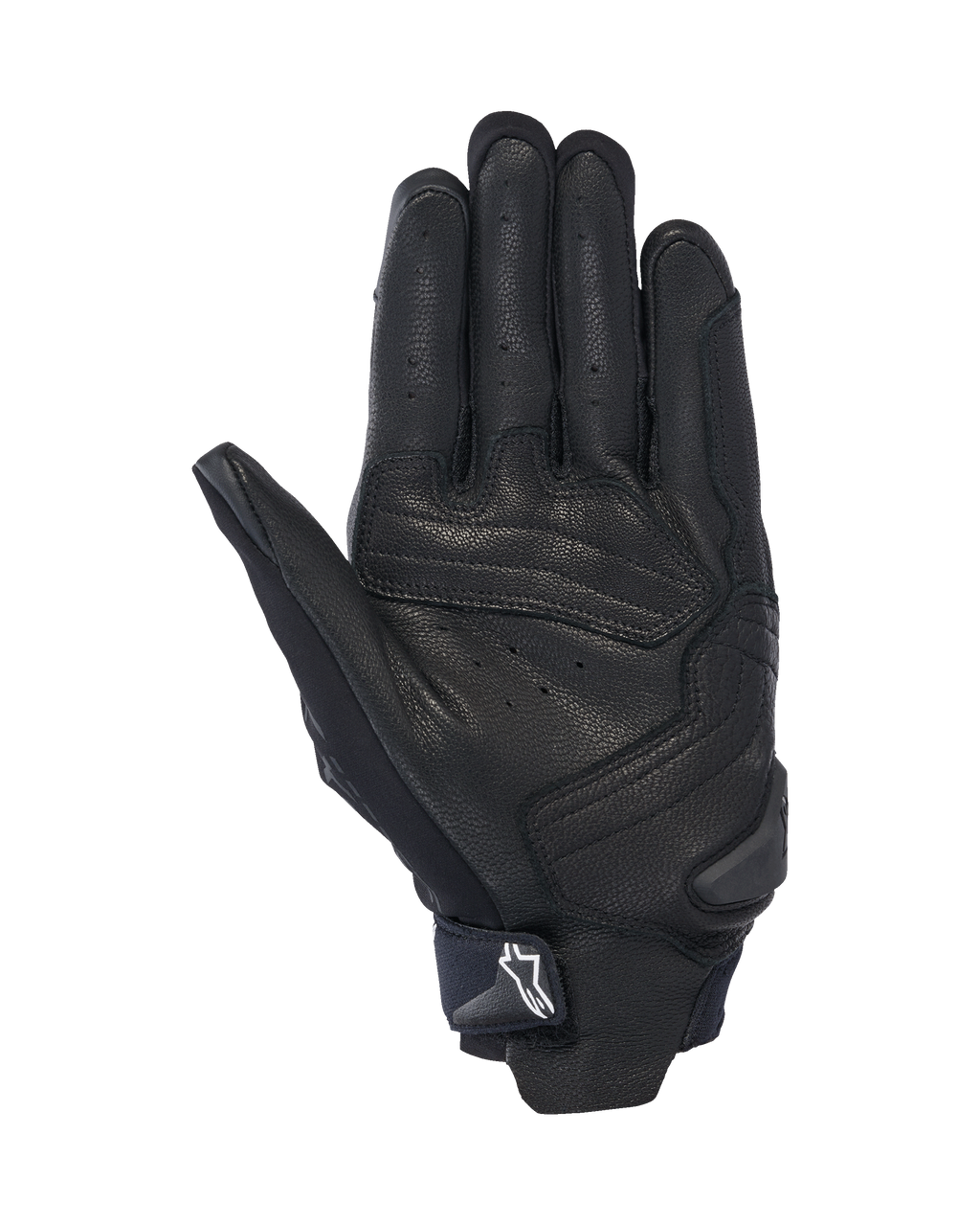 Guantes Alpinestars SP X 7, vista de la palma, negros, guantes deportivos de moto de puño corto con construcción de cuero perforado, refuerzos en la palma y deslizador de TPR con logo Astars blanco en la correa de la muñeca