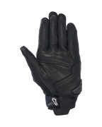 Guantes Alpinestars SP X 7, vista de la palma, negros, guantes deportivos de moto de puño corto con construcción de cuero perforado, refuerzos en la palma y deslizador de TPR con logo Astars blanco en la correa de la muñeca
