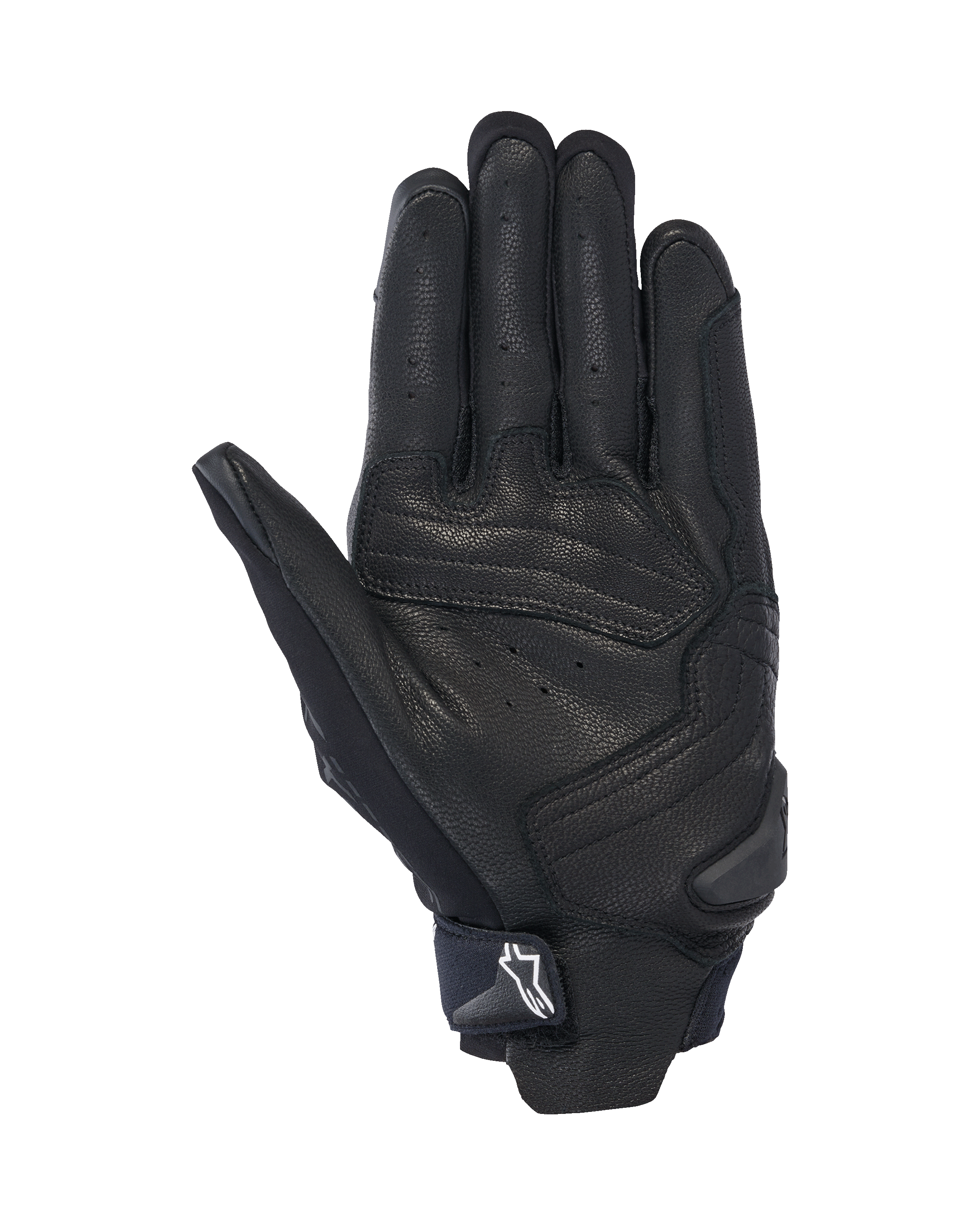 Guantes Alpinestars SP X 7, vista de la palma, negros, guantes deportivos de moto de puño corto con construcción de cuero perforado, refuerzos en la palma y deslizador de TPR con logo Astars blanco en la correa de la muñeca