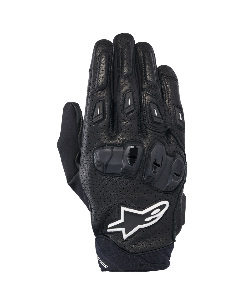 Guantes Alpinestars SP X 7, guantes cortos deportivos para moto, negros y blancos, con construcción de cuero perforado, protección de nudillos en TPU de doble densidad y logotipo de estrella Alpinestars en blanco, diseñados para conducción deportiva en carretera