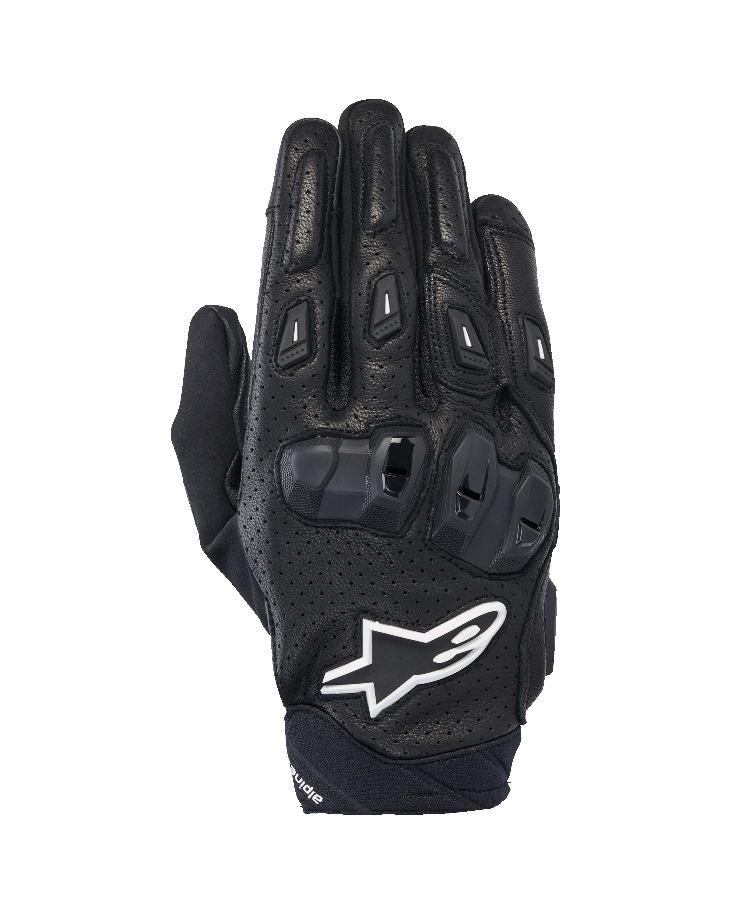 Guantes Alpinestars SP X 7, guantes cortos deportivos para moto, negros y blancos, con construcción de cuero perforado, protección de nudillos en TPU de doble densidad y logotipo de estrella Alpinestars en blanco, diseñados para conducción deportiva en carretera