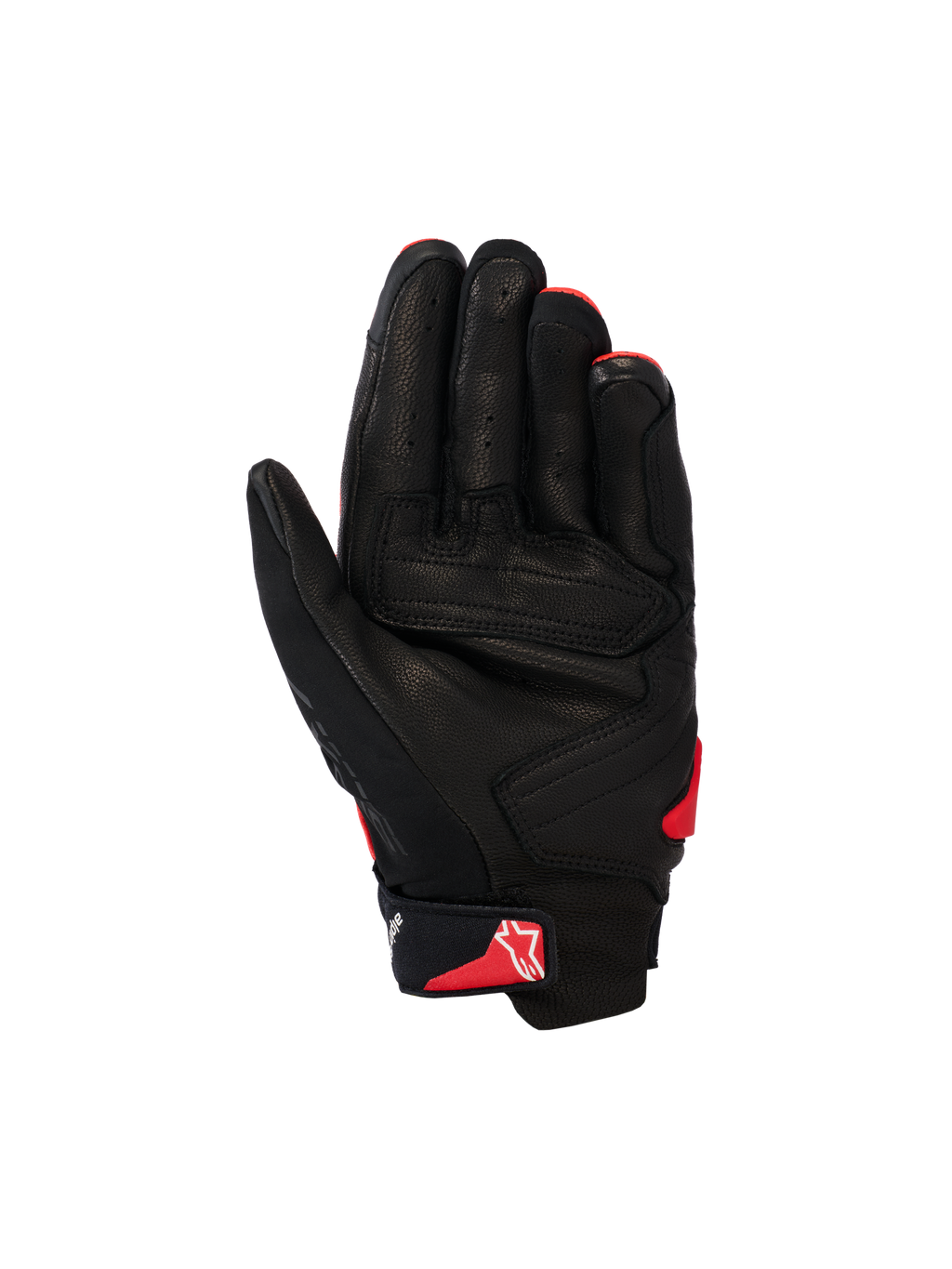 Guantes Alpinestars SP X 7, guantes de moto de caña corta, negro y rojo brillante, vista de la palma que muestra la construcción de cuero perforado, paneles de la palma reforzados y el logotipo rojo de Astars en la correa de la muñeca