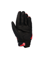 Guantes Alpinestars SP X 7, guantes de moto de caña corta, negro y rojo brillante, vista de la palma que muestra la construcción de cuero perforado, paneles de la palma reforzados y el logotipo rojo de Astars en la correa de la muñeca