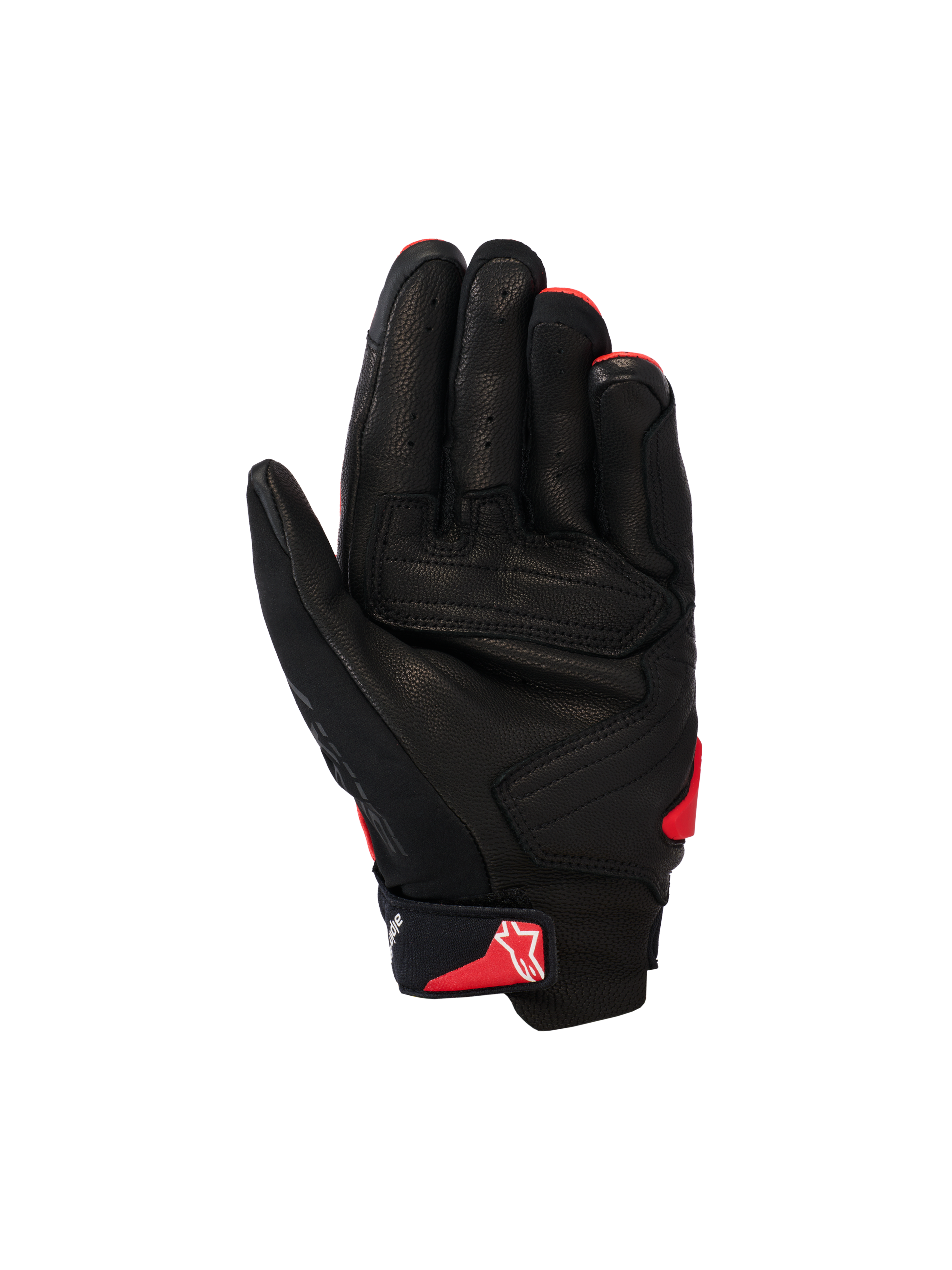 Guantes Alpinestars SP X 7, guantes de moto de caña corta, negro y rojo brillante, vista de la palma que muestra la construcción de cuero perforado, paneles de la palma reforzados y el logotipo rojo de Astars en la correa de la muñeca