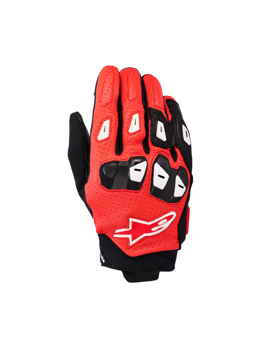Alpinestars SP X 7, guantes de moto deportivos de caña corta, color rojo brillante, negro y blanco, con construcción de cuero perforado, protección de TPU en nudillos y dedos, y el logotipo Alpinestars en el dorso
