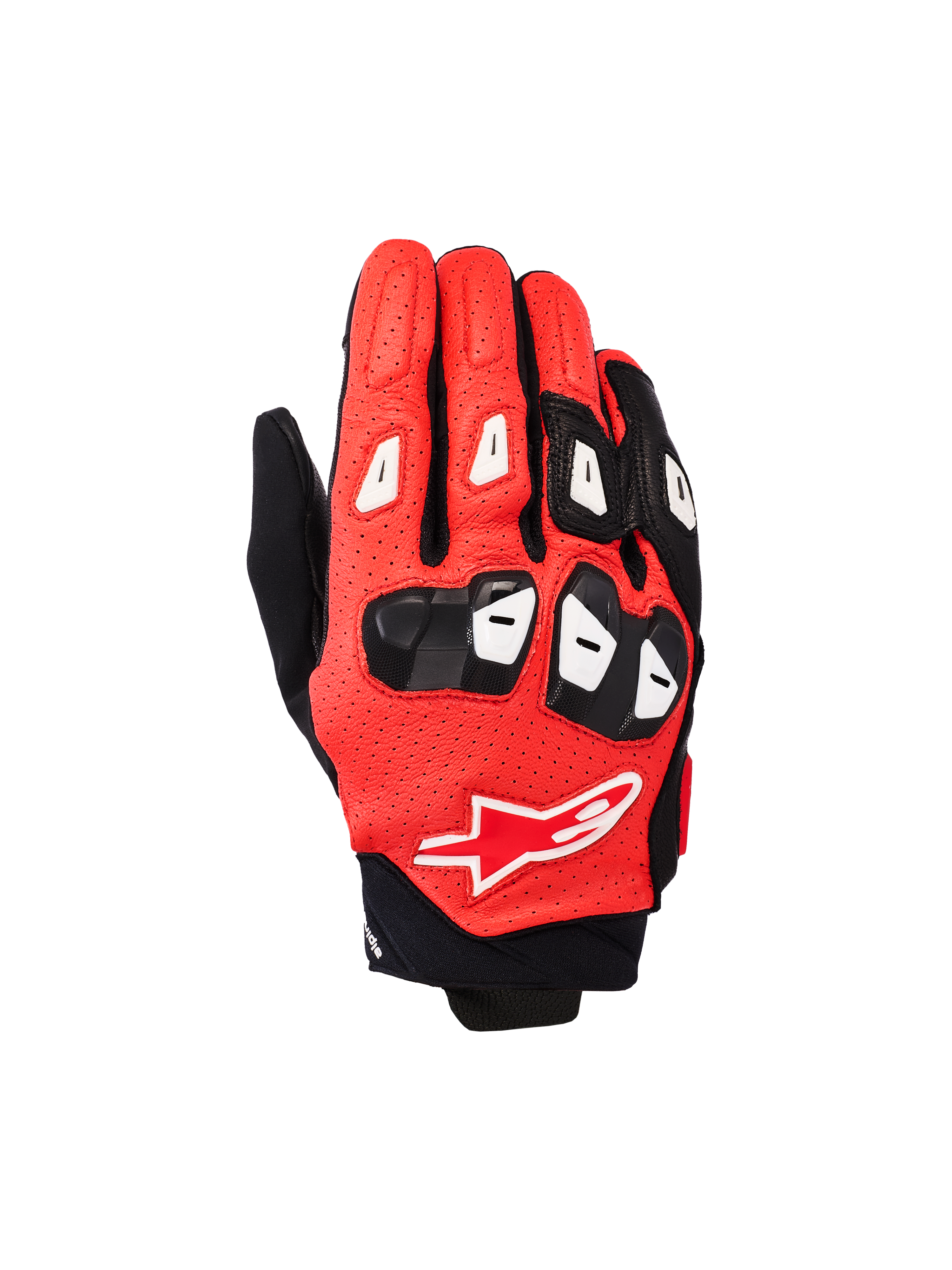 Alpinestars SP X 7, guantes de moto deportivos de caña corta, color rojo brillante, negro y blanco, con construcción de cuero perforado, protección de TPU en nudillos y dedos, y el logotipo Alpinestars en el dorso