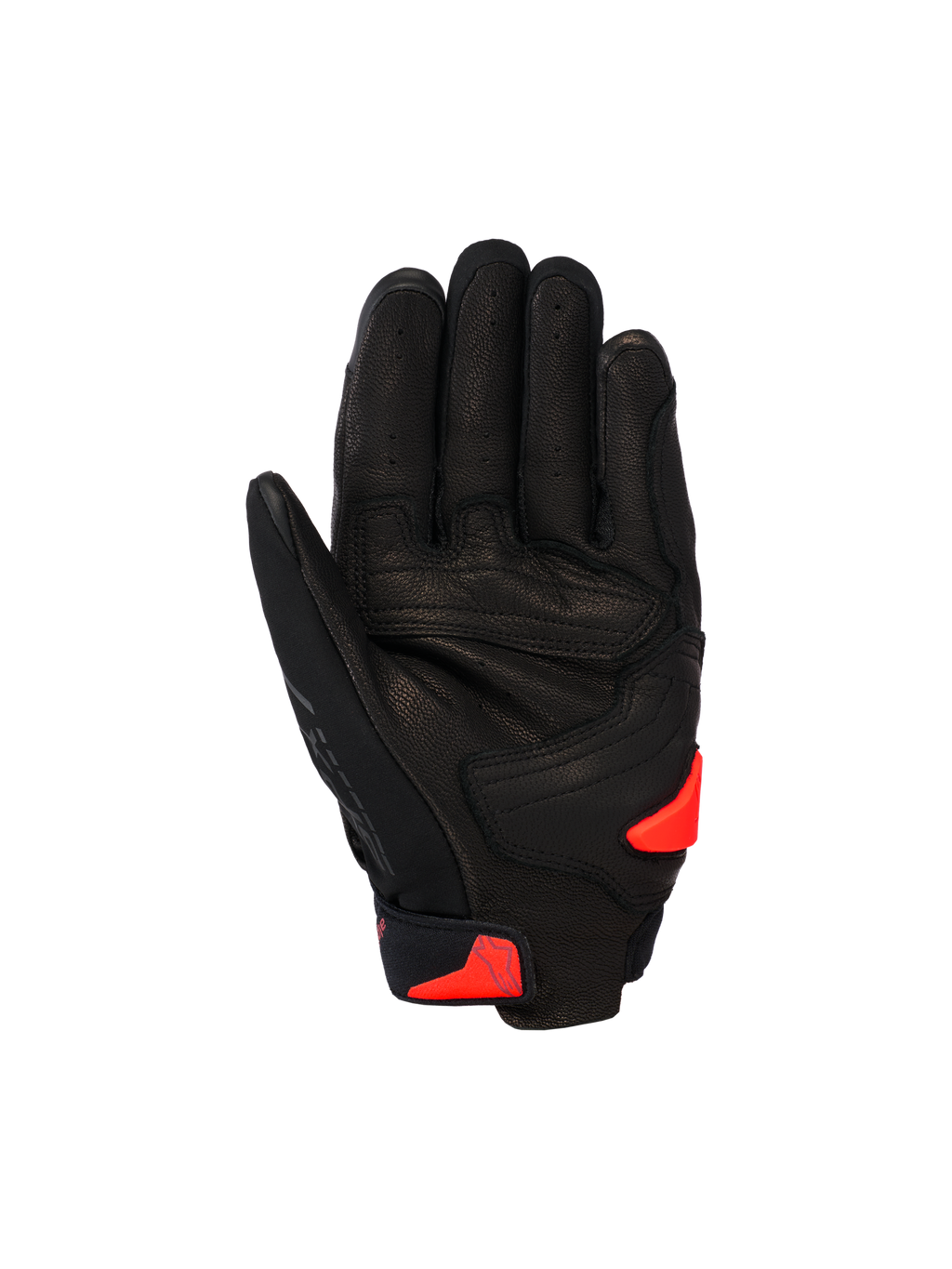 Guantes Alpinestars SP X 7, guantes deportivos cortos para moto, negros con acentos en rojo flúor, vista de la palma que muestra la construcción de cuero perforado, zona de la palma reforzada y deslizador de palma TPR.