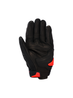Guantes Alpinestars SP X 7, guantes deportivos cortos para moto, negros con acentos en rojo flúor, vista de la palma que muestra la construcción de cuero perforado, zona de la palma reforzada y deslizador de palma TPR.