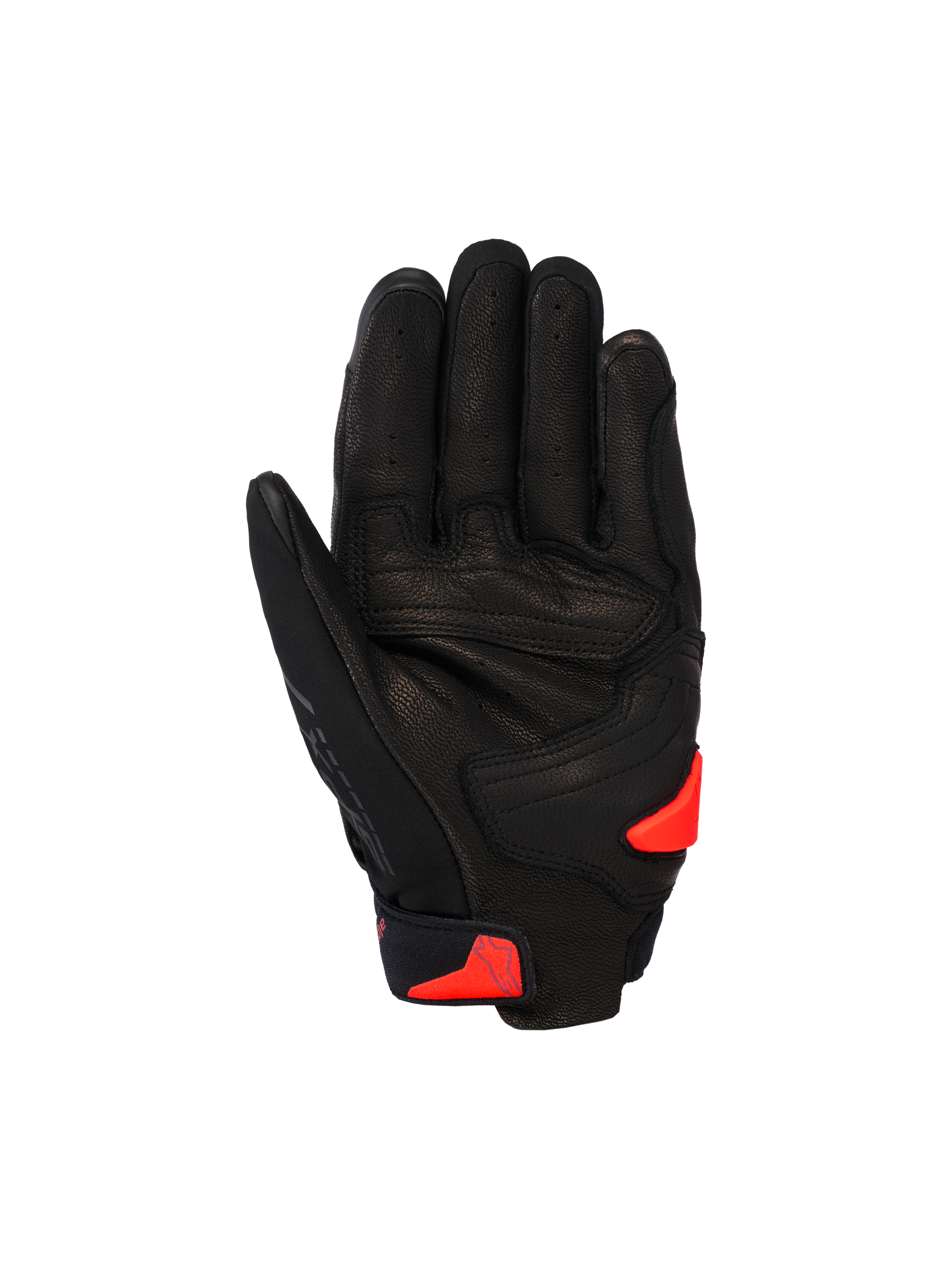 Guantes Alpinestars SP X 7, guantes deportivos cortos para moto, negros con acentos en rojo flúor, vista de la palma que muestra la construcción de cuero perforado, zona de la palma reforzada y deslizador de palma TPR.